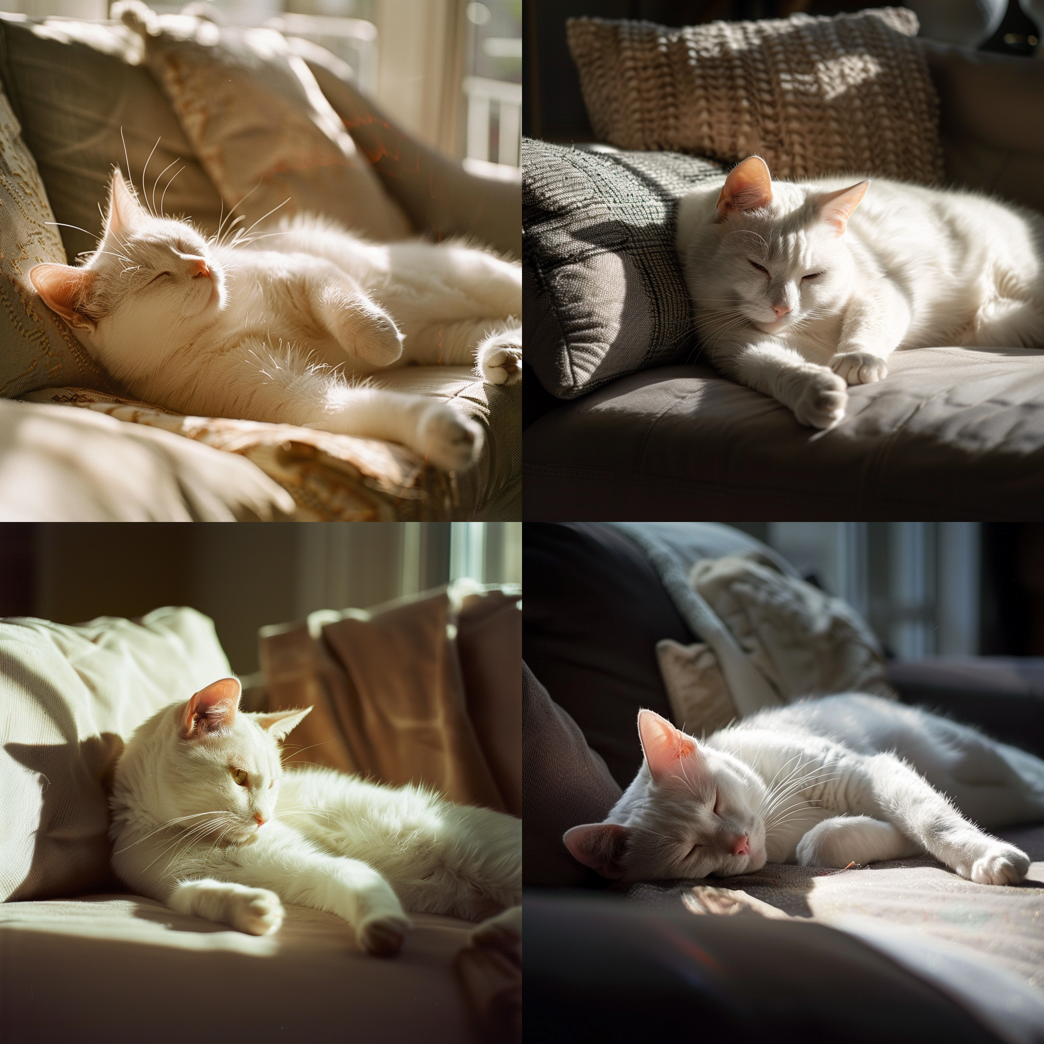 白猫躺在沙发上，沐浴在阳光下，温馨室内，自然光，柔和色调，中焦镜头，静态构图，亲密，宁静