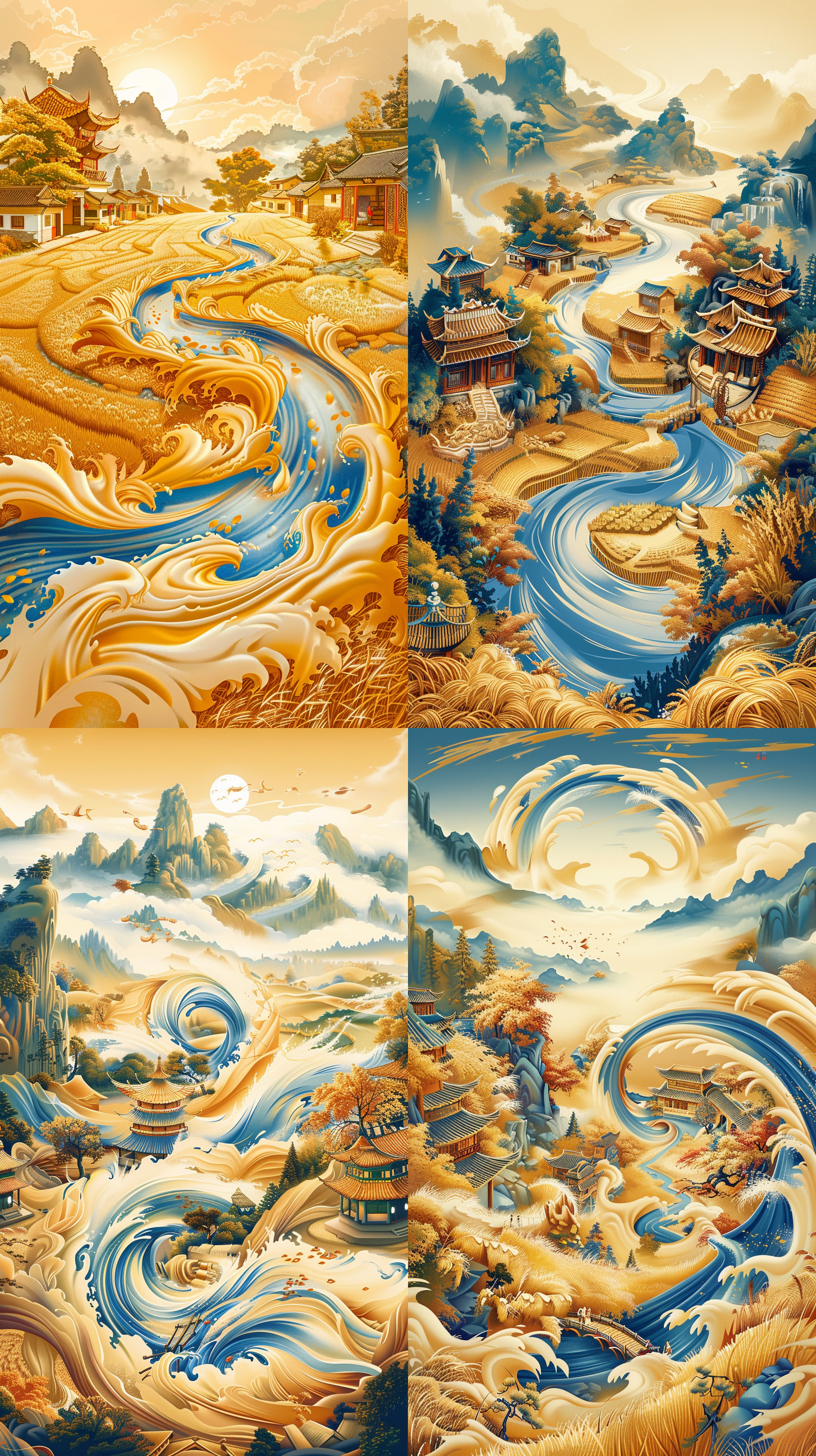 金色稻田，麦田中，官方艺术作品，能量旋流，ilya kushinov风格，金色窗户，连接感，田园诗般的丰饶之地，美学设计，流动的牛奶，超现实美学，金色丝带，日本村庄，旋涡状，9:16比例，高分辨率，细节丰富，自然光，动态捕捉，和谐氛围，鲜艳色彩，神秘感。