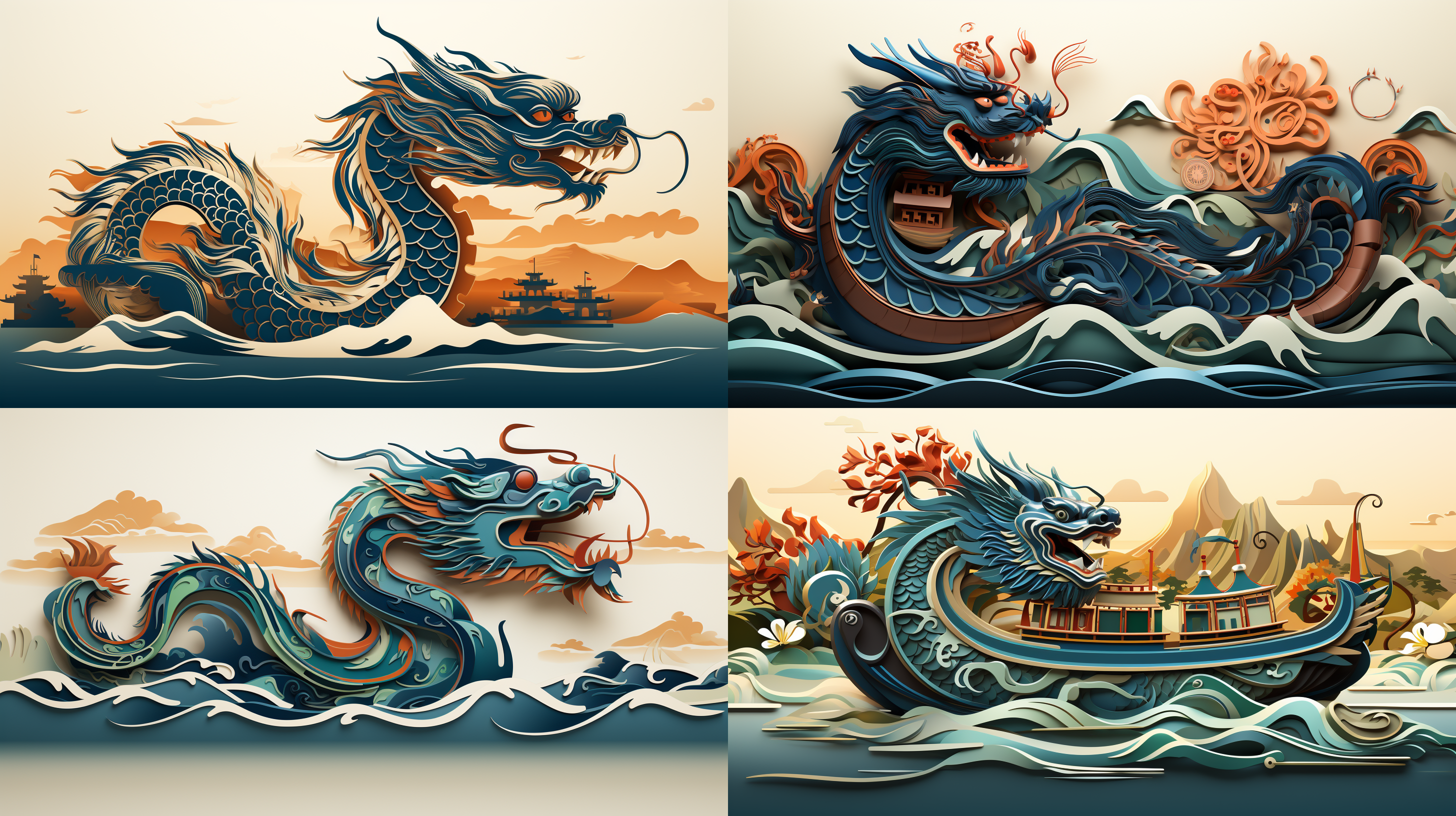 龙船剪影，侧面视角，龙头向前，流线型连接，传统风格，简洁优雅，专业感，单色调，扁平化设计，线条流畅，几何图形，静态展示，文化象征，亲和风格，无三角形牙齿，矢量图案，低饱和度，清晰边缘。