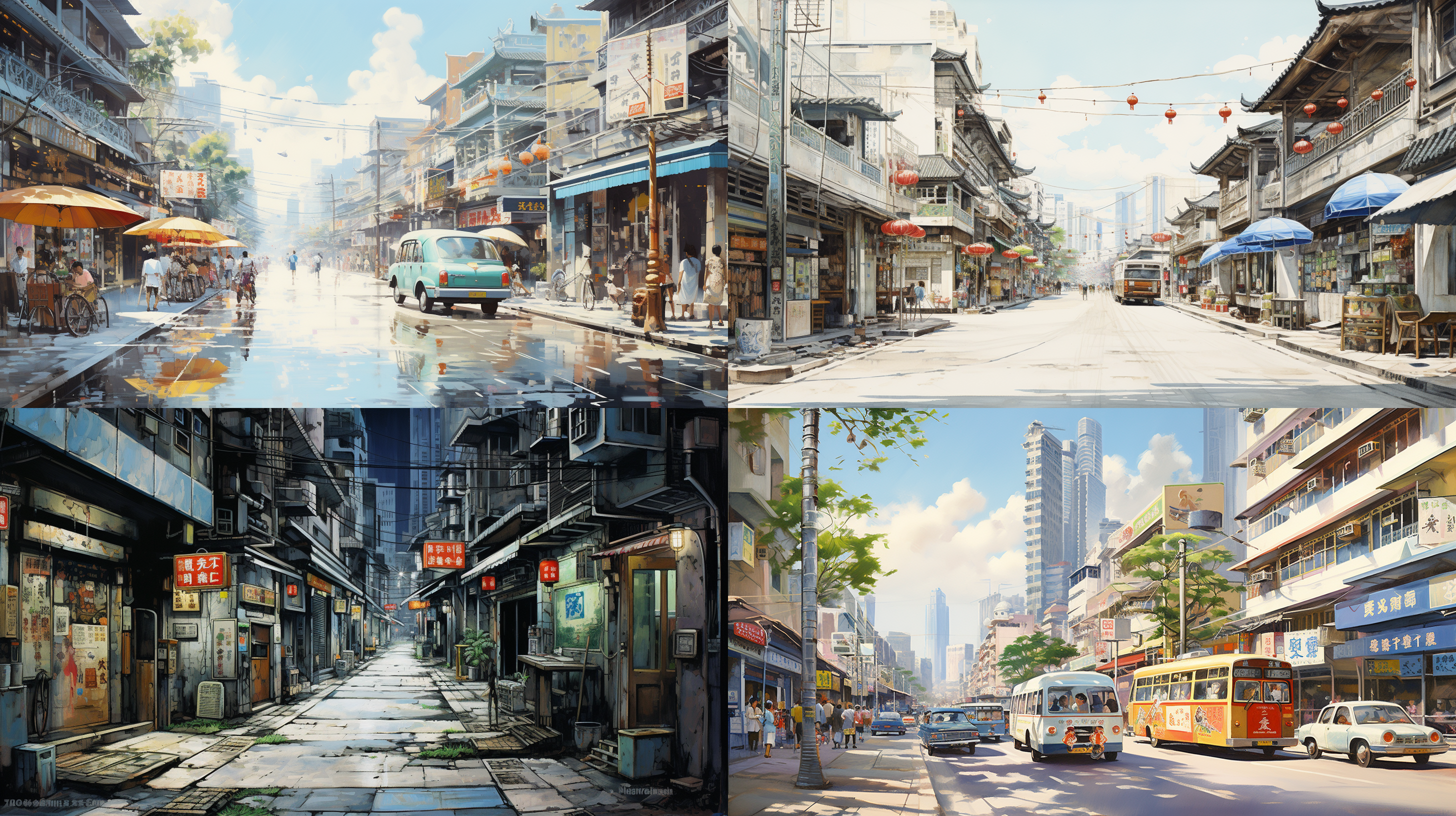 中国画风格，南方70年代街道，手绘细节丰富，线条流畅，色彩柔和明亮，一点透视，透视点居中，全景构图，大广角镜头，自然光，店铺招牌多样，生活气息浓厚。