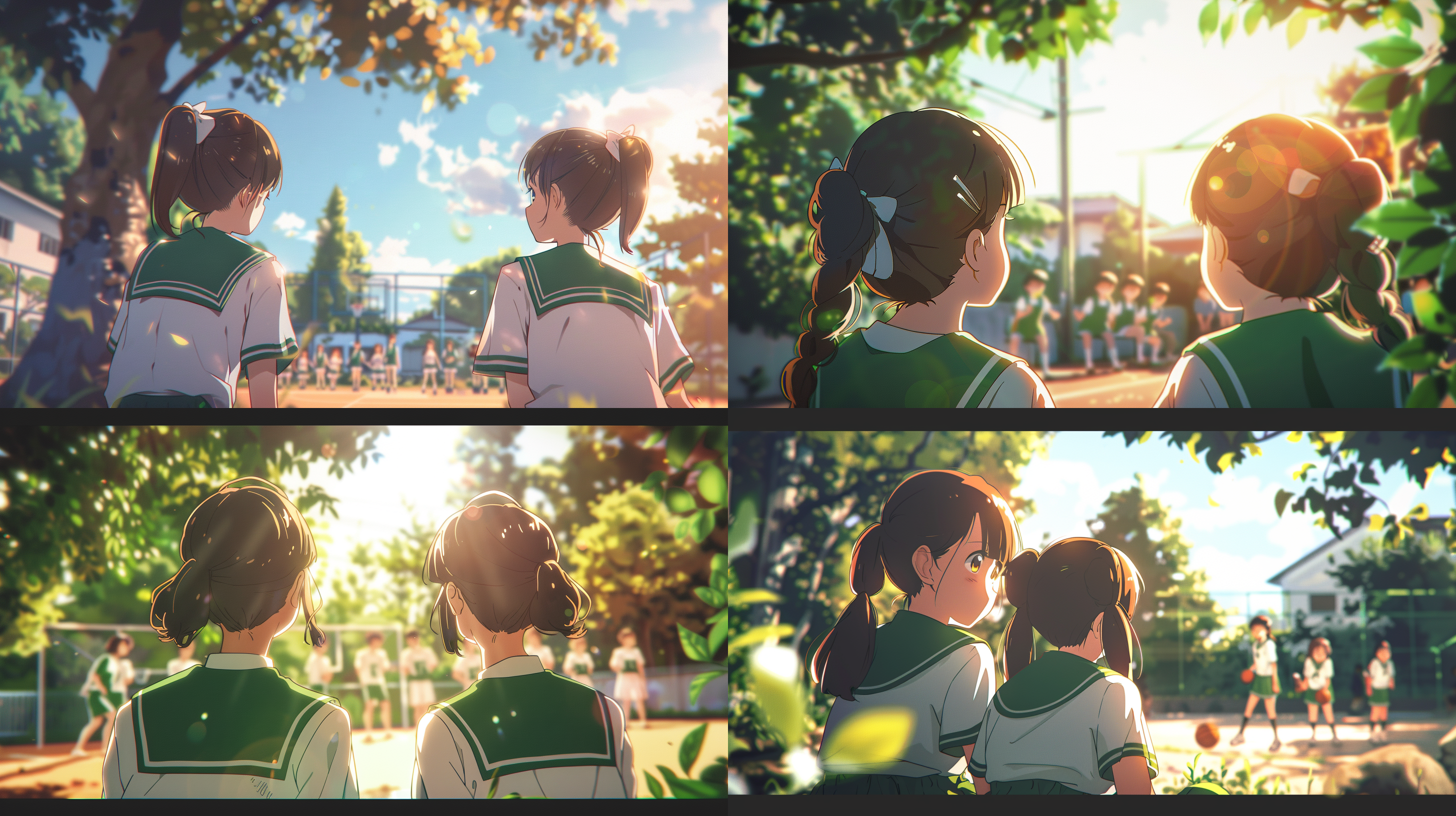 16:9电影感，漫画风格，吉卜力，远景，广角镜头，俯视角，凤凰花下，鲜艳对比，自然光线，宁静氛围，柔和侧光，高饱和色彩，细腻肌肤质感。高中校园，篮球场，2个高中女生背影，运动服，并肩坐，看着远处的一群高中男生打篮球。