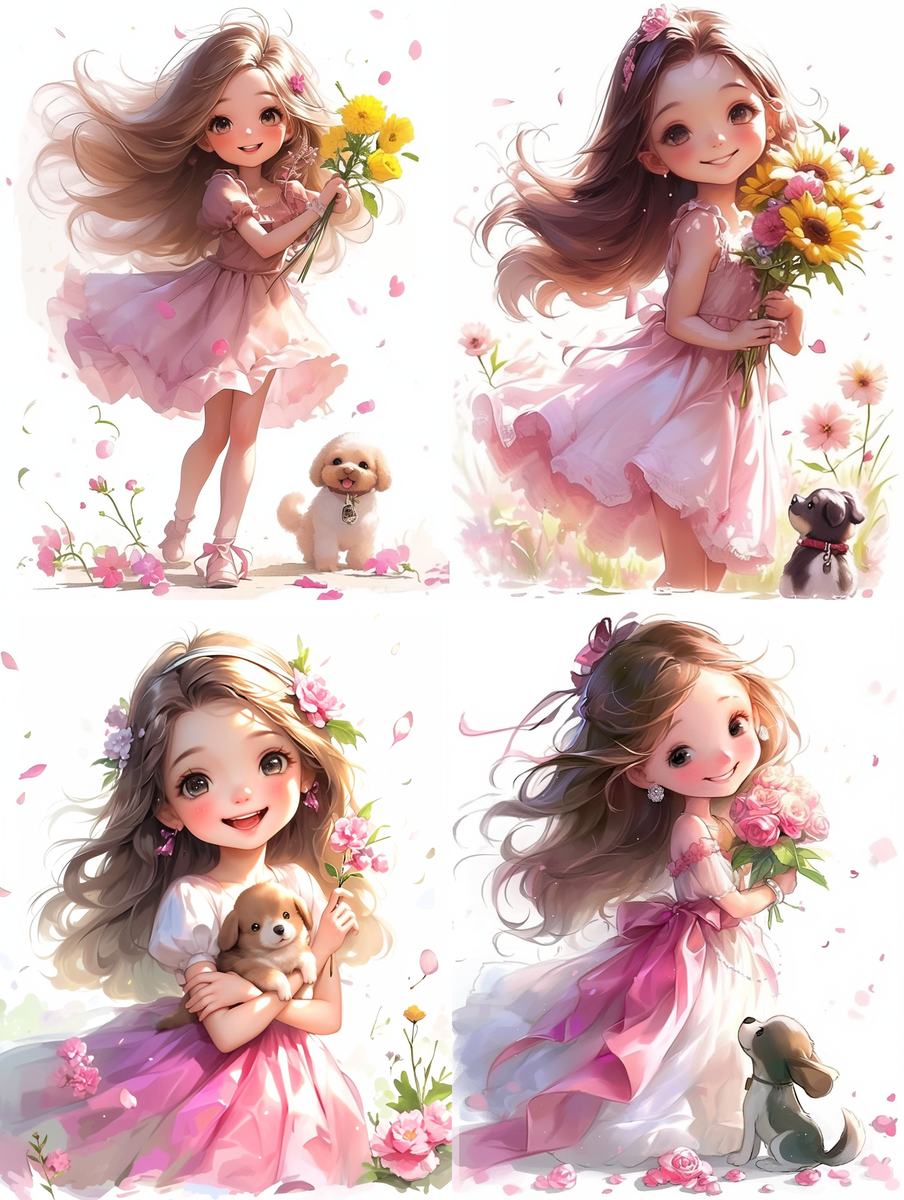 穿着漂亮衣服的可爱女生，长发，大眼睛，圆圆的脸蛋，拿着一朵花，开心的面部表情，旁边一只小狗看着她，丰富细节，卡通画，白色背景，夸张比例，高清