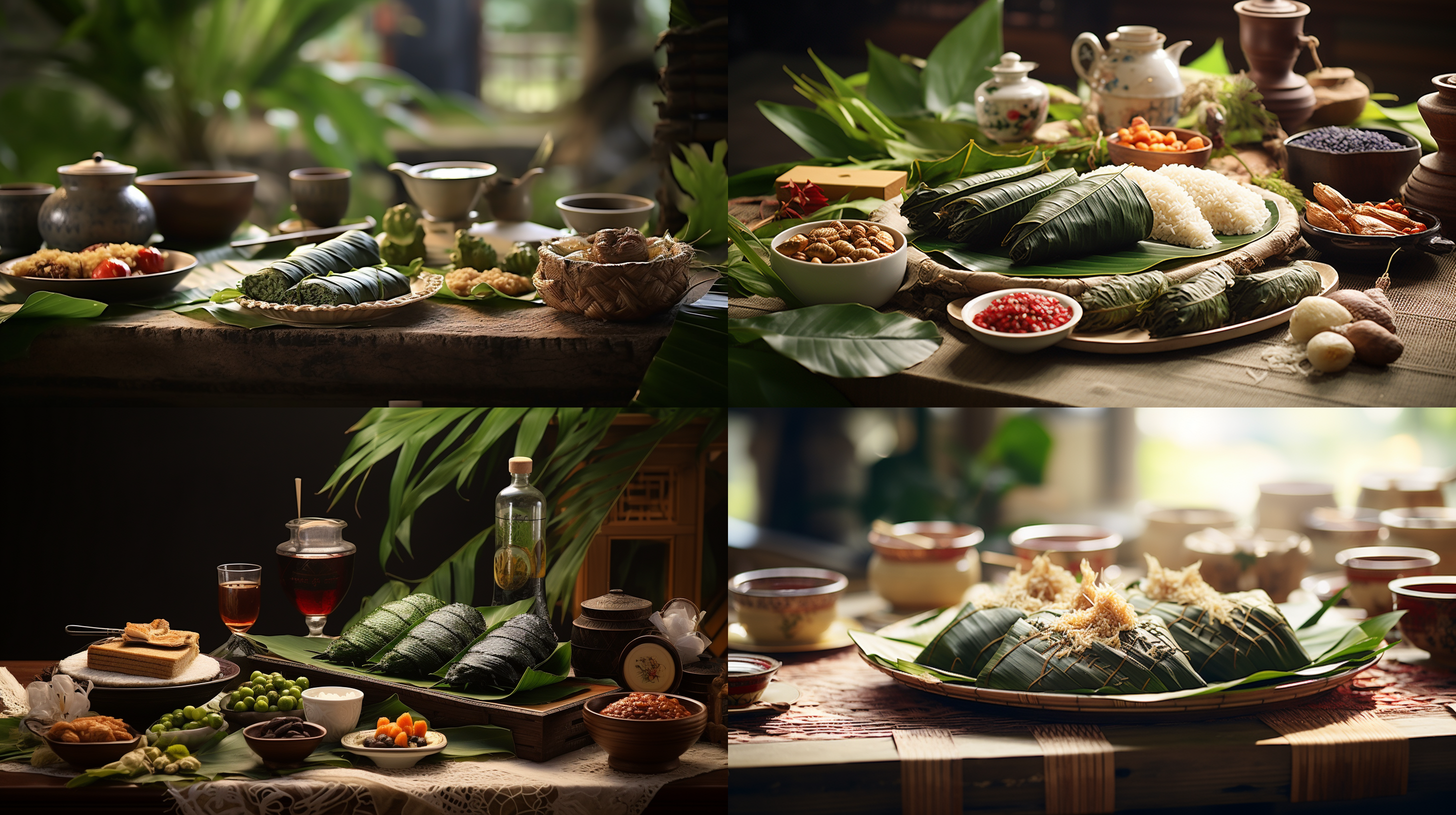 端午节场景，粽子，节日氛围，家庭聚会，餐桌，粽叶绿，糯米白，红枣点缀，温馨，自然光，柔和，中景，静物摄影，细节清晰，传统节日，欢聚。