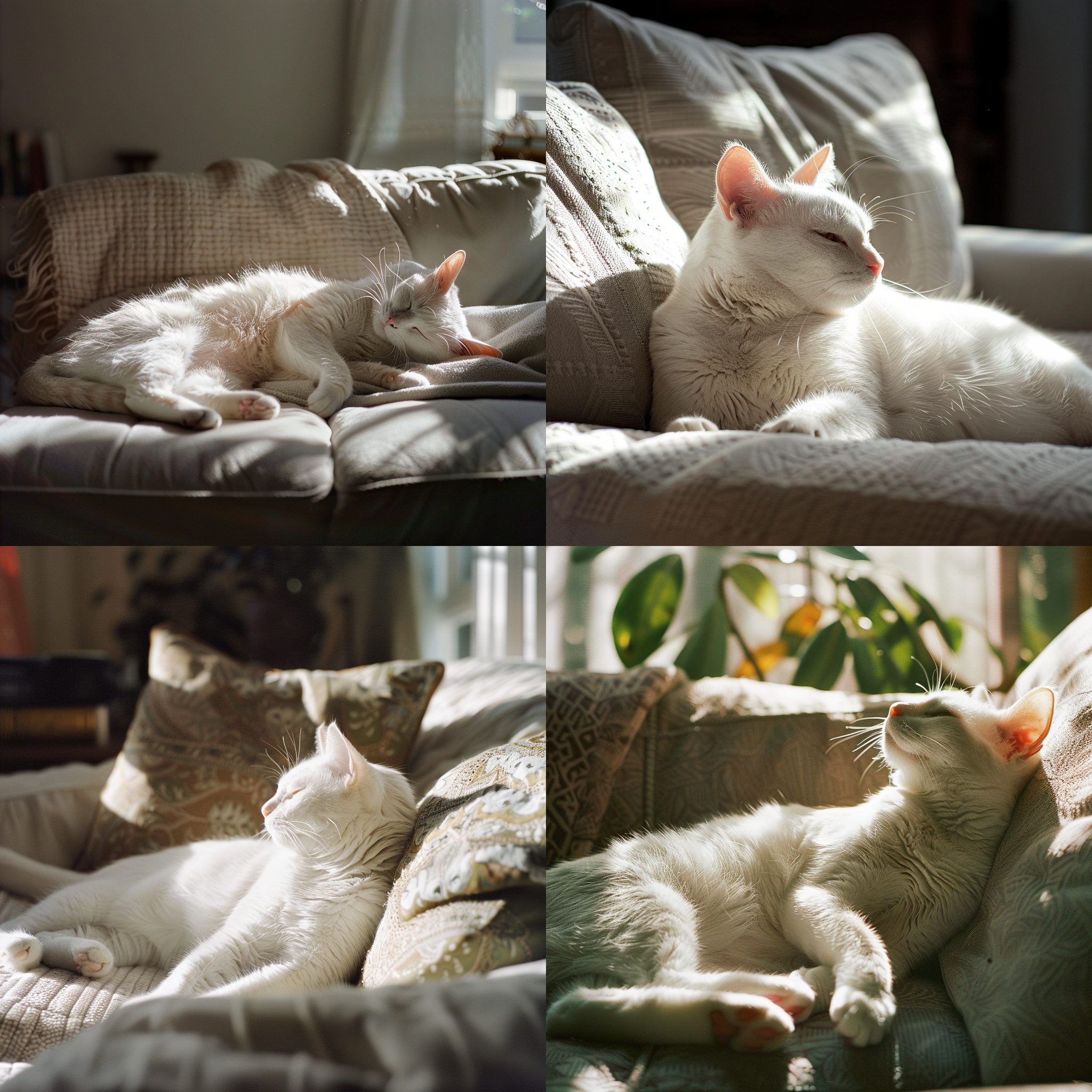 白猫躺在沙发上，沐浴在阳光下，温馨室内，自然光，柔和色调，中焦镜头，静态构图，亲密，宁静