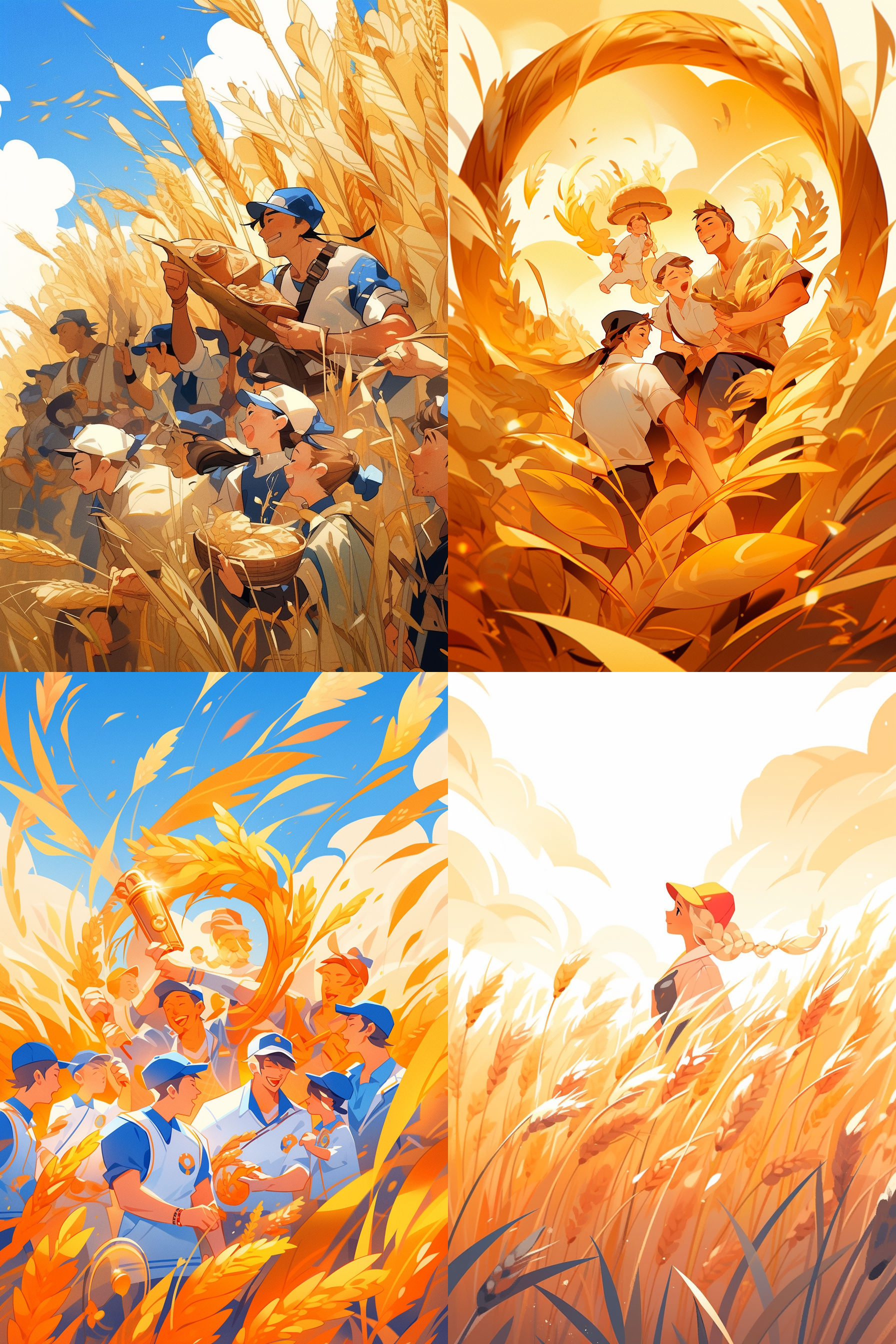 芒种时节，金黄麦田，农民收割，广角视野，光线强烈，色彩饱和，细节精致，高清，夸张手法，扁平插画，victo ngai风格，中国风，忙碌，喜悦。