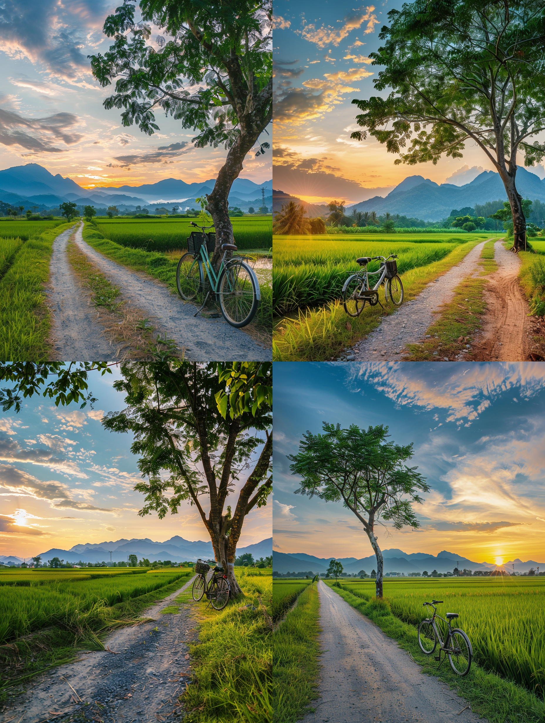 medium: photograph. theme: a dirt road, green rice fields, a broad tree, a clear blue sky, a gravel bike leaning against a tree, distant mountains in the background, and soft sunset clouds. mood: calm. lighting: soft golden hour. scene: outdoor scenery, water canal, sunset. style: realistic, bright colors, high-definition real shots