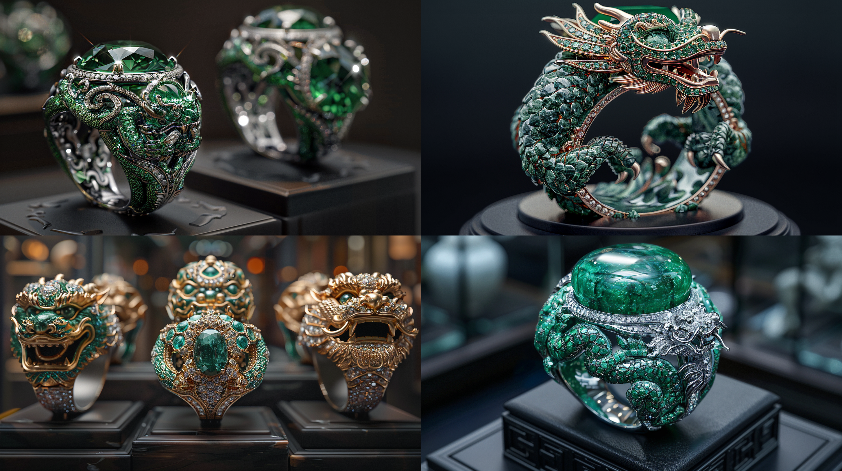 3d产品美颜拍摄，3d产品渲染，绿色宝石戒指放在黑色得展台上，戒指上有中国龙，龙的面容善良，产品光，磨砂材质，三视图，8k，高细节，最佳质量，超细节，超高清