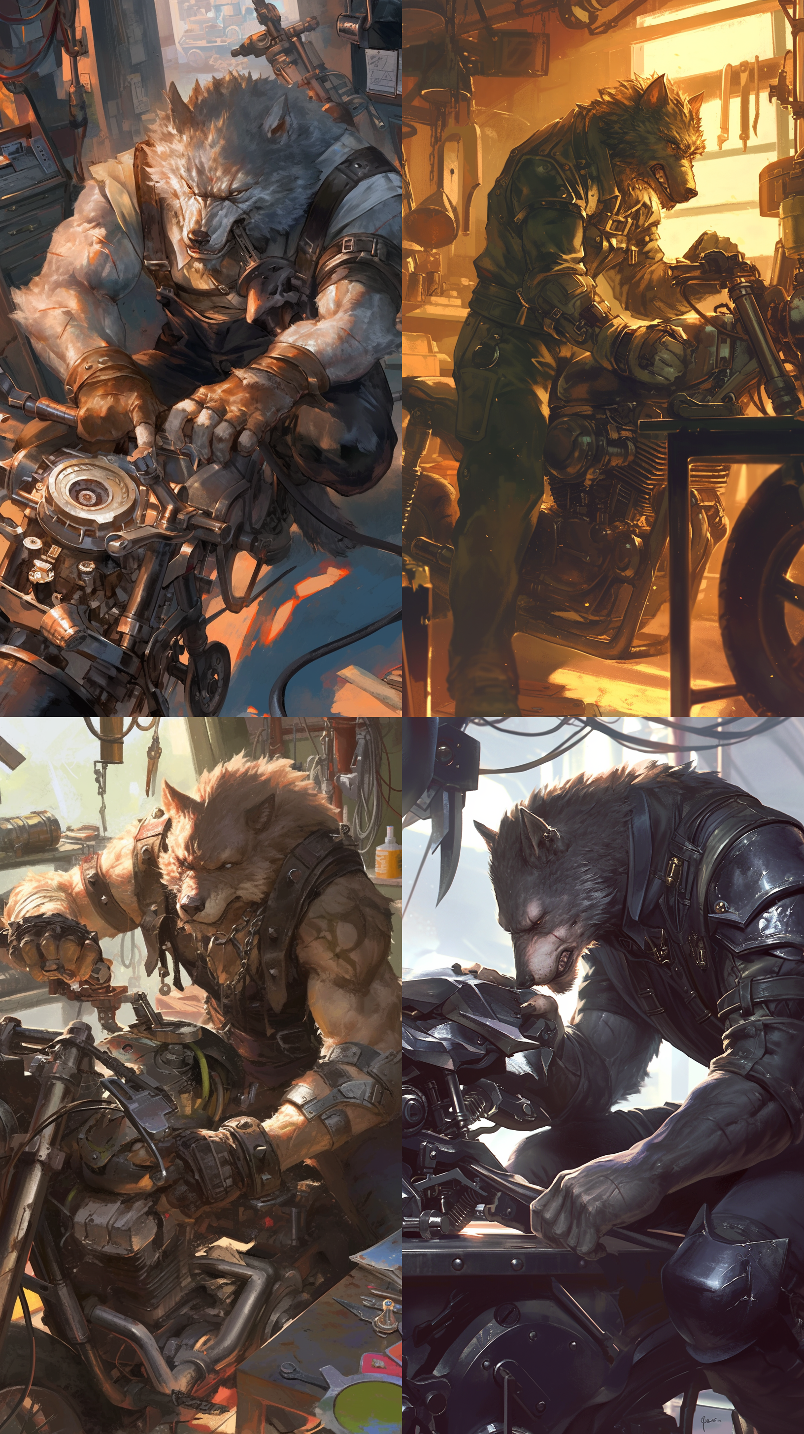 魔兽世界狼人修理摩托车，半身像，古代重甲，皱眉挠头，专注表情，户外工坊，自然光，中景，正常色调，金属质感，机械细节，专注。