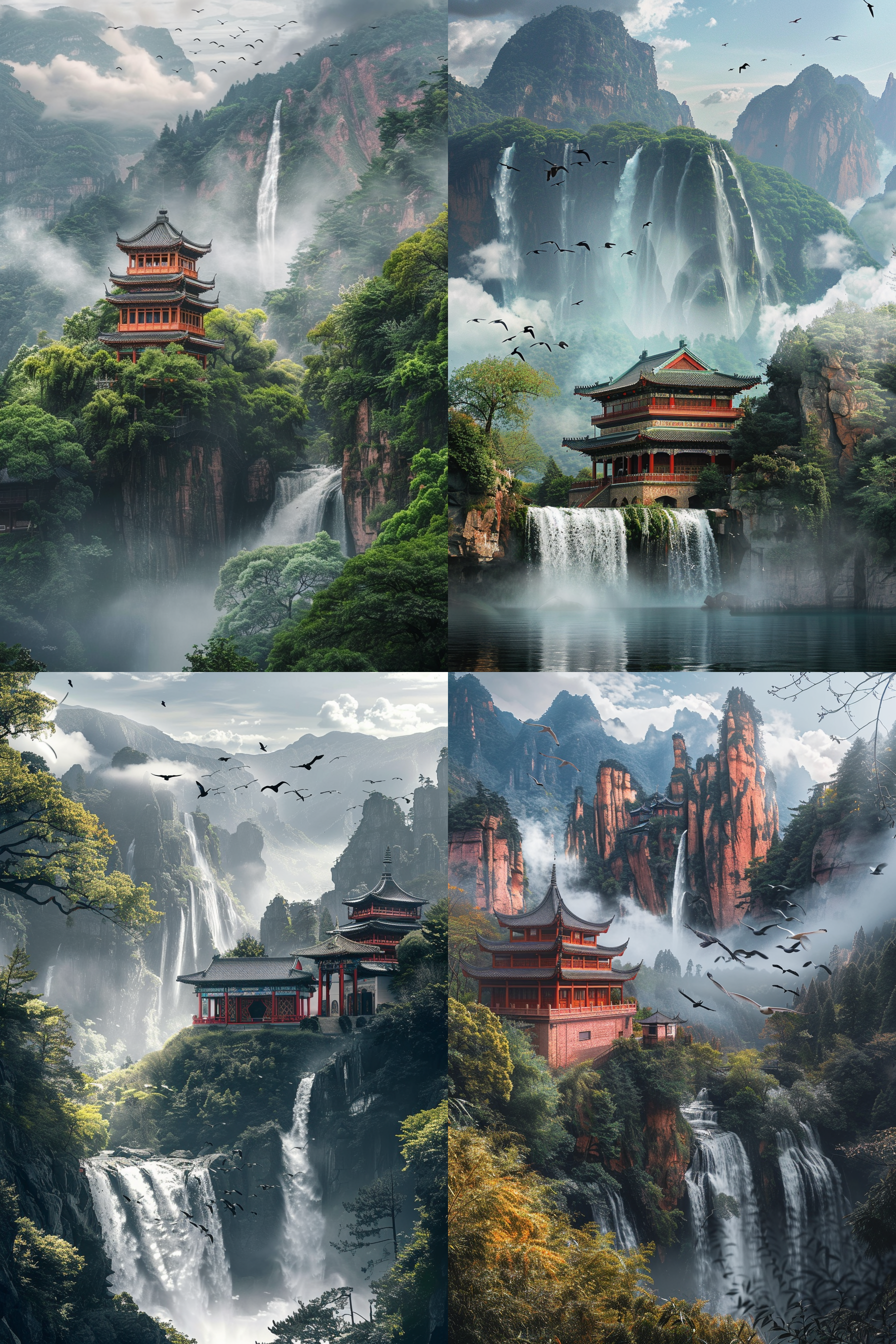 瀑布风景，宝塔东亚建筑，山云环绕，鸟飞翔，树影婆娑，无人之境，自然与建筑和谐，天空蔚蓝，长曝光水流柔滑，广角镜头，远景构图，高动态范围，自然光，宁静致远。