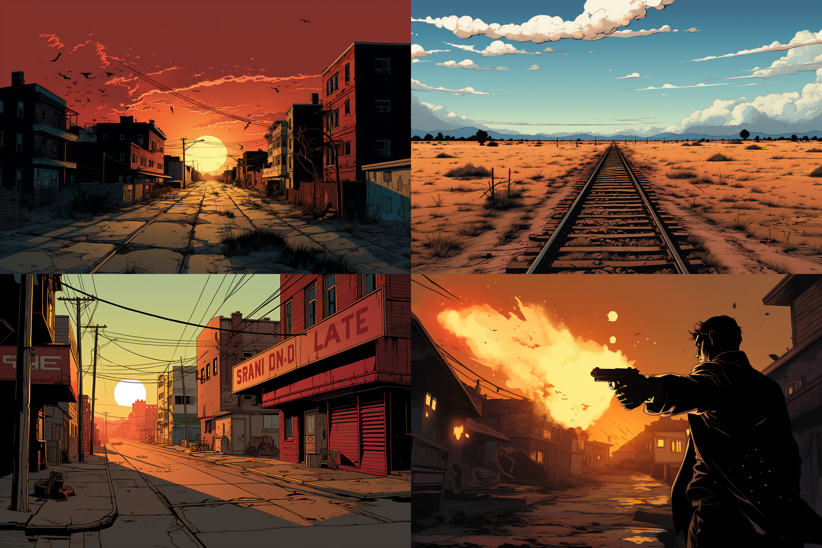 远景镜头，写实漫画风格，手绘风格，平面