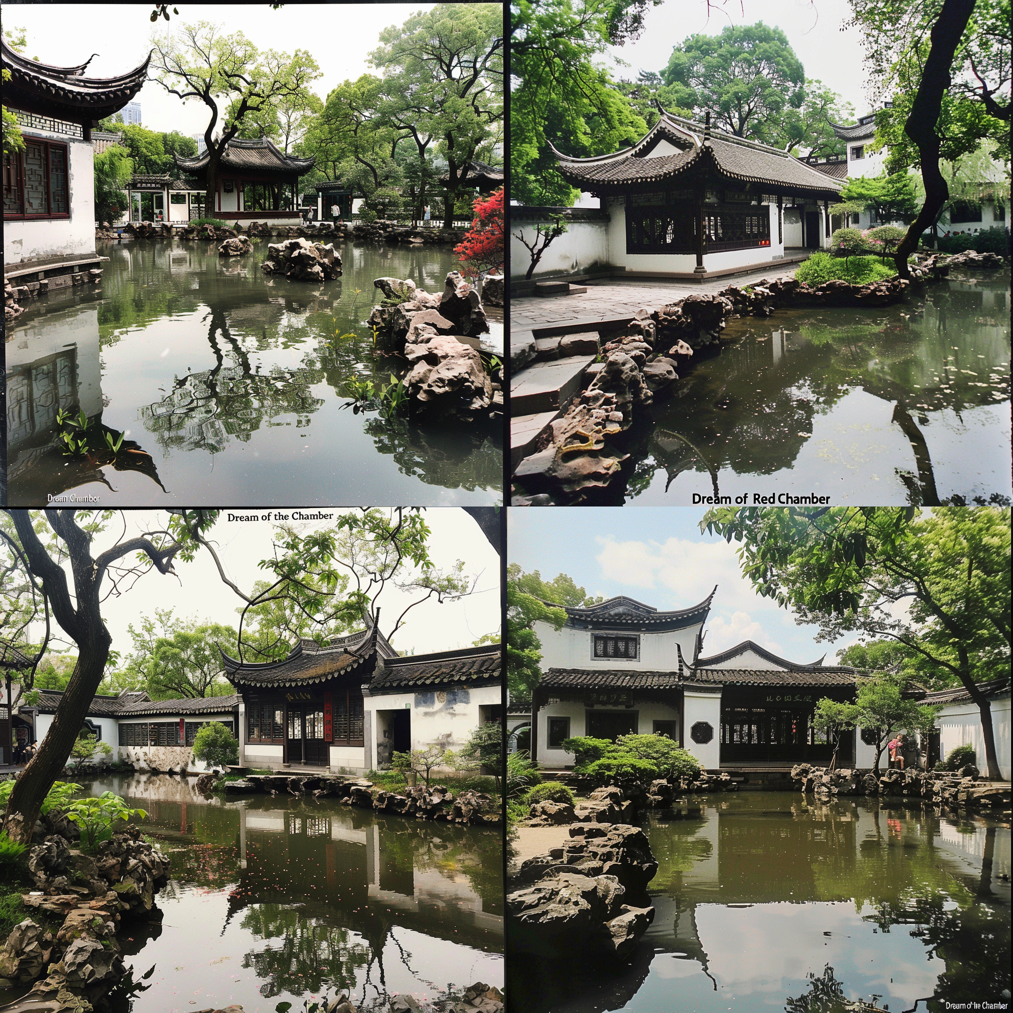 苏州园林春日风光，小径曲曲弯弯，亭台楼阁，长廊蜿蜒，池塘清澈，树木葱郁，花草繁盛，柔和光线，长焦镜头，暖色调，自然色彩，宁静和谐。 水彩 城市公园 花园背景 超广角 莫兰迪色 阳光照射 古代中式 调色板 园林 亭子 红楼梦 世外桃源