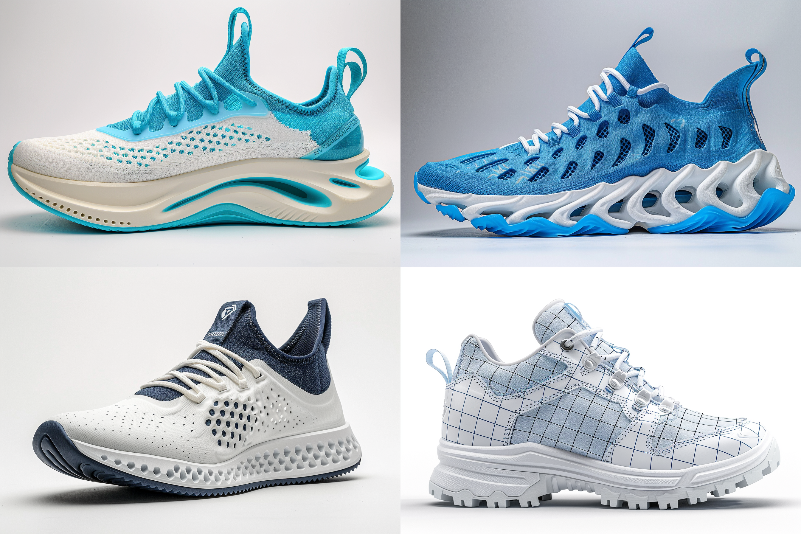 鞋设计，产品图片，白色背景，轻质透气网眼鞋面，耐磨橡胶鞋底，错落有致的孔状缓冲结构，蓝白配色，对称构图，高光照明，细节清晰，现代简约风格，舒适感，运动活力。