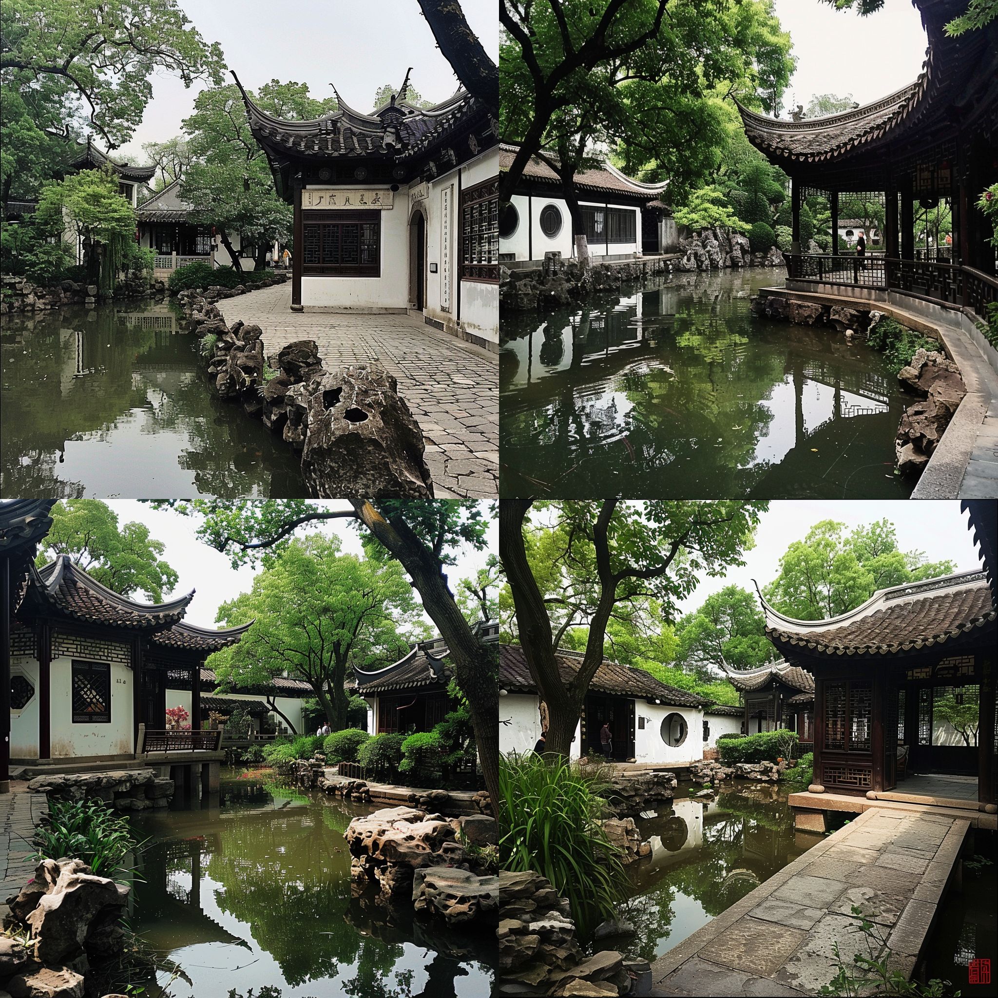 水彩画::10, 苏州园林春日风光，小径曲曲弯弯，亭台楼阁，长廊蜿蜒，池塘清澈，树木葱郁，花草繁盛，柔和光线，长焦镜头，暖色调，自然色彩，宁静和谐。 水彩 城市公园 花园背景 超广角 莫兰迪色 阳光照射 古代中式 调色板 园林 亭子 红楼梦 世外桃源