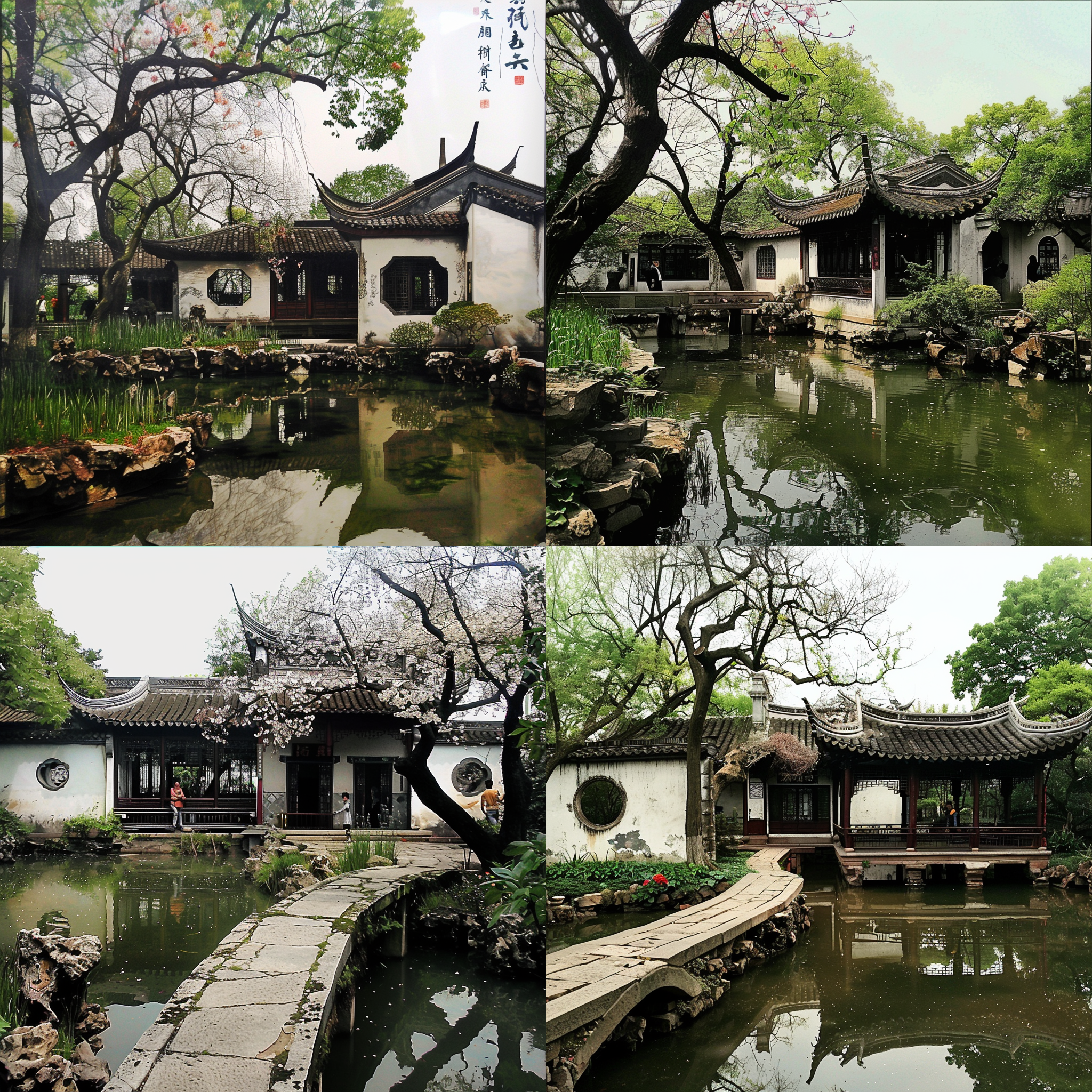 水彩画::10, 苏州园林春日风光，桃红柳绿，小径曲曲弯弯，亭台楼阁，长廊蜿蜒，池塘清澈，树木葱郁，花草繁盛，柔和光线，长焦镜头，暖色调，自然色彩，宁静和谐。 水彩 城市公园 花园背景 超广角 莫兰迪色 阳光照射 古代中式 调色板 园林 亭子 红楼梦 世外桃源