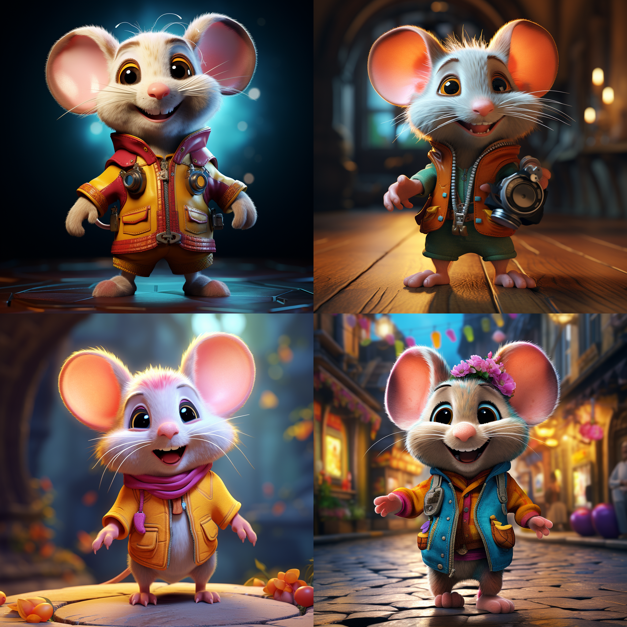 卡通动漫风格老鼠，搞怪装扮，鲜艳色彩，立体光影，活泼表情，动态捕捉，数字艺术，虚拟现实，可爱3d形象，刻画细节，高饱和度，快速动作，室内场景，侧光照射，广角镜头，生动表情，色彩对比强烈。