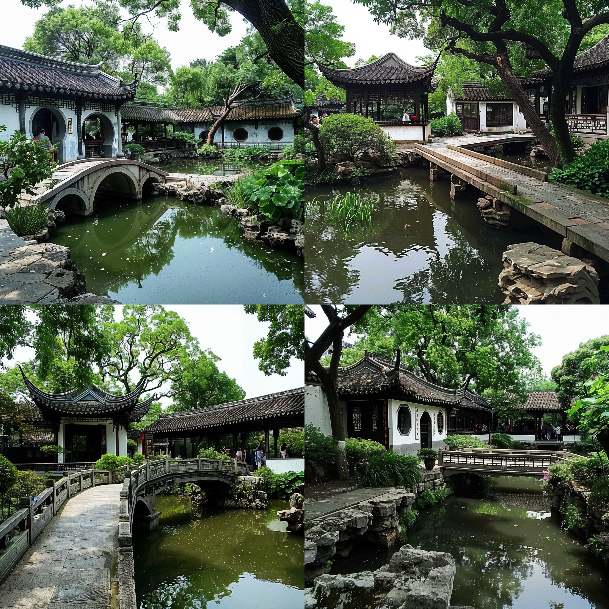 苏州园林夏日风光，小桥流水，长廊蜿蜒，古建筑典雅，池塘清澈，树木葱郁，花草繁盛，对称构图，柔和光线，长焦镜头，自然色彩，宁静和谐。 水彩 城市公园 花园背景 超广角 莫兰迪色 阳光照射 古代中式 调色板 园林 亭子 红楼梦 世外桃源