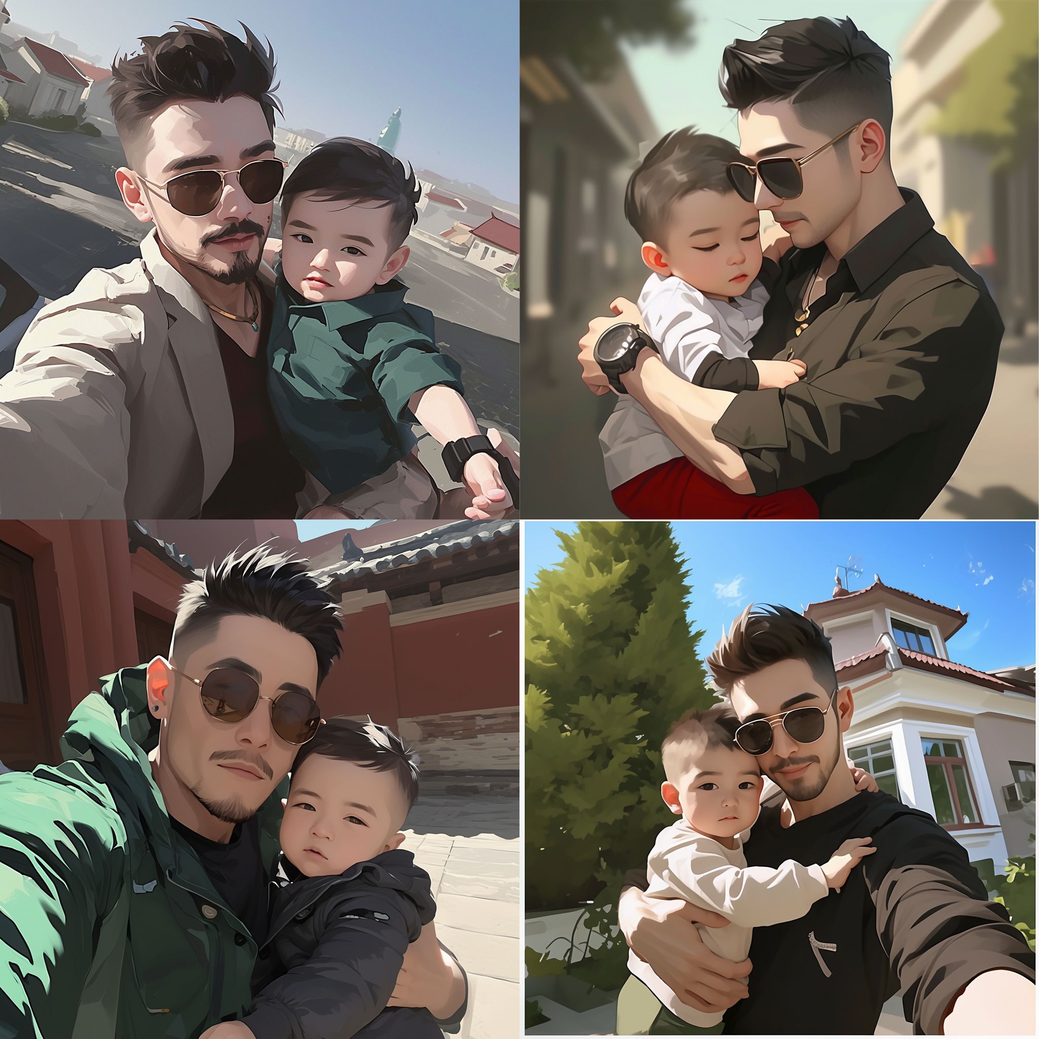 潮酷帅气的爸爸抱着小男孩，儿童节庆祝，街头背景，时尚装扮，墨镜，微笑，父爱，温馨，广角镜头，自然光，柔和色调，亲密互动。