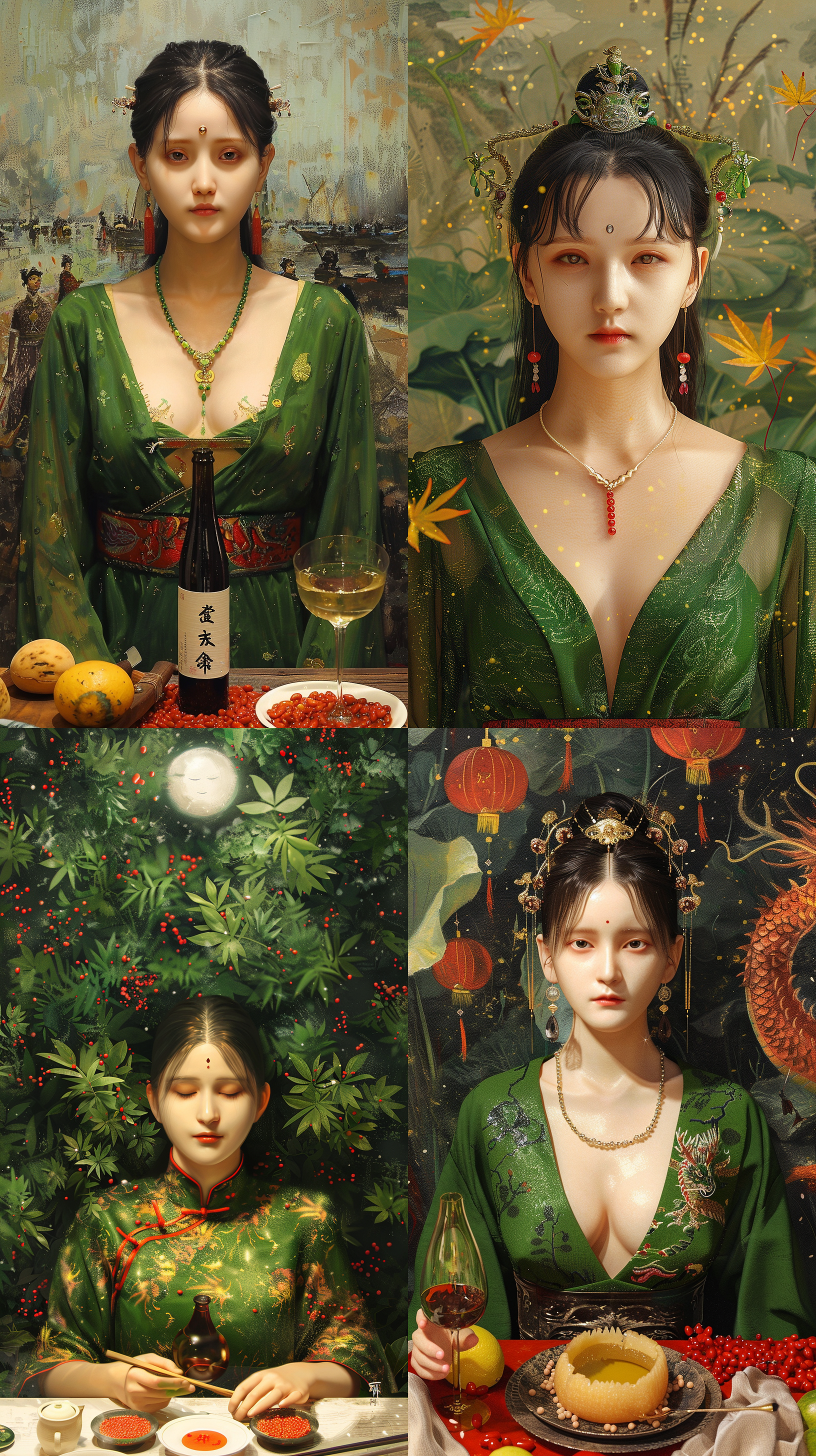 端午节海报，名画人物品酒，粽叶糯米红豆环绕，油画质感，柔和光线，节日氛围，暖色调，细节丰富，静态构图，艺术气息。