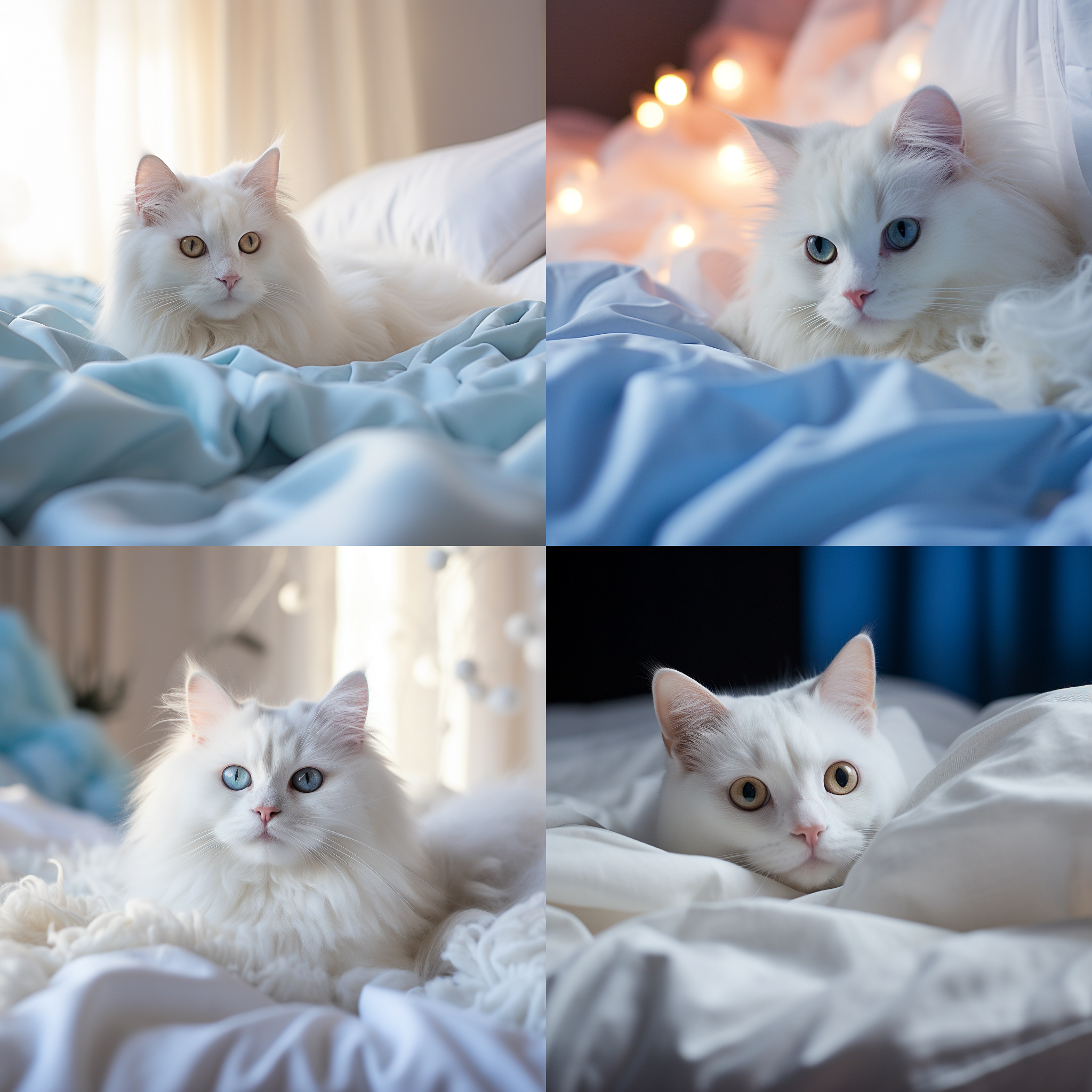 大白猫上床，温馨卧室，柔和光线，长焦镜头，低角度，浅景深，静谧，亲密，白色毛发，蓝色床单，安详表情，渴望陪伴。