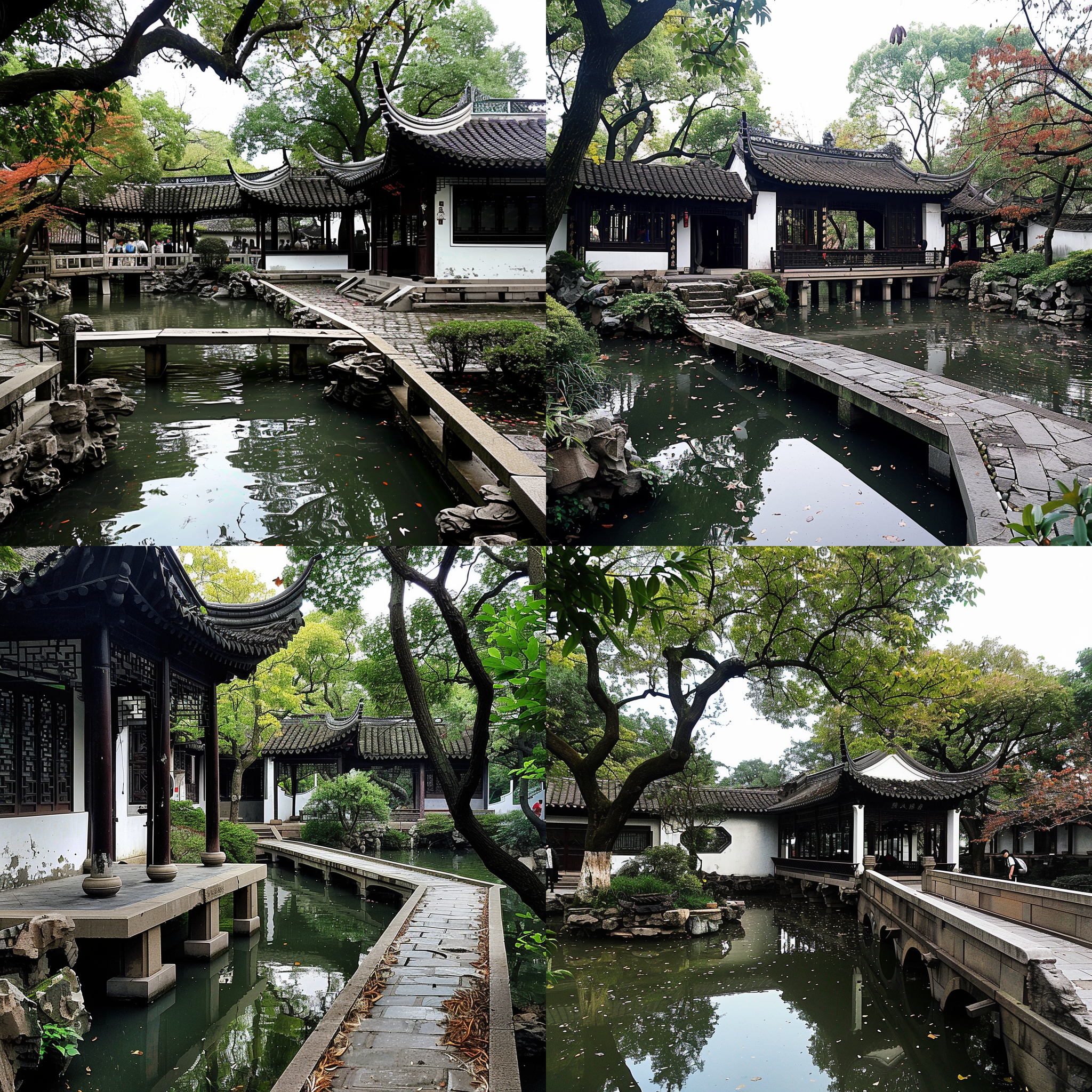 苏州园林秋日风光，小桥流水，长廊蜿蜒，古建筑典雅，池塘清澈，树木葱郁，花草繁盛，对称构图，柔和光线，长焦镜头，暖色调，自然色彩，宁静和谐。 水彩 城市公园 花园背景 超广角 莫兰迪色 阳光照射 古代中式 调色板 园林 亭子 红楼梦 世外桃源