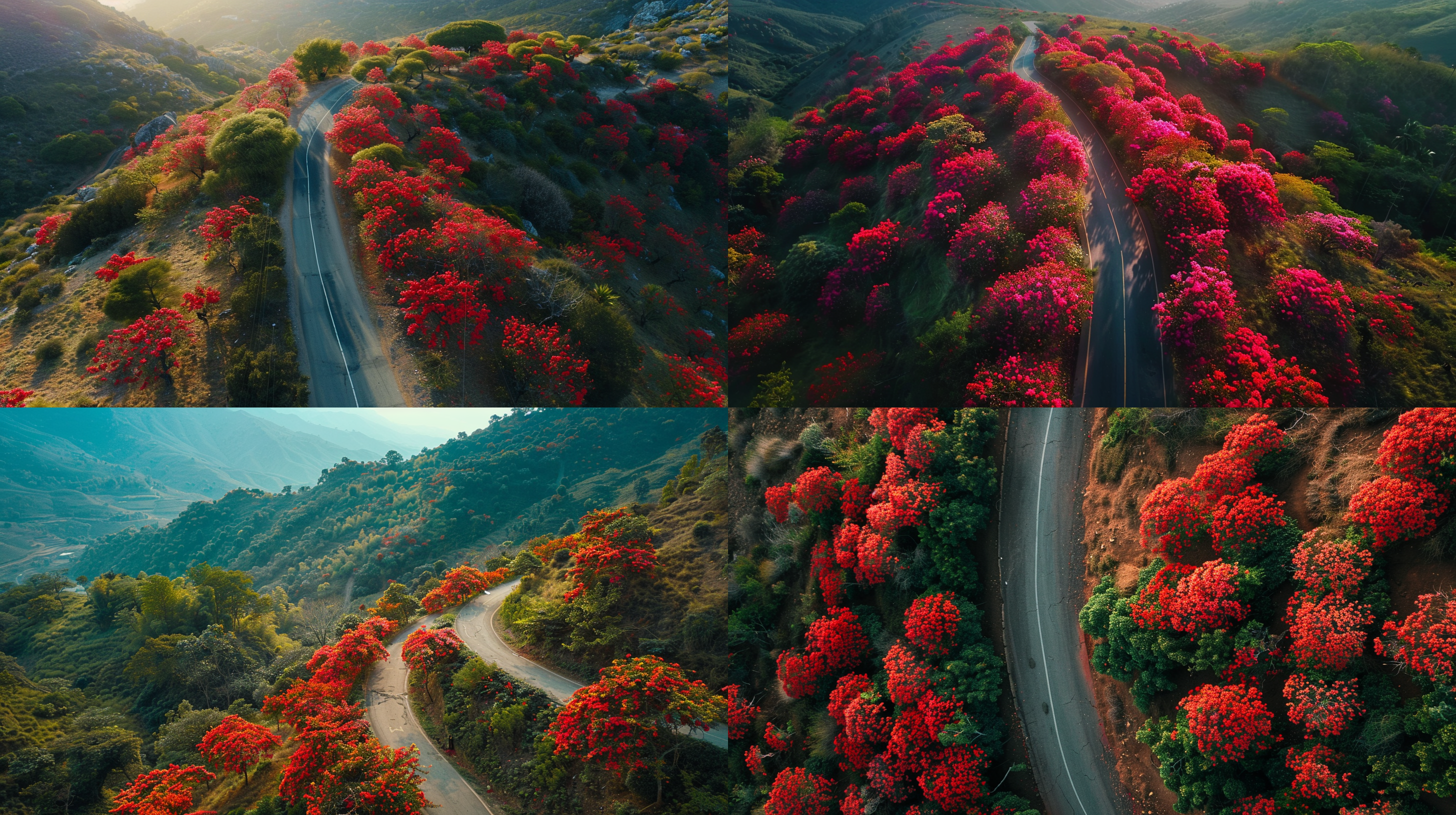 盘山公路航拍，16:9电影感，广角镜头，远景，山坡上凤凰木盛开，红色凤凰花与绿色点缀，自然光线，鲜艳色彩，宁静氛围。