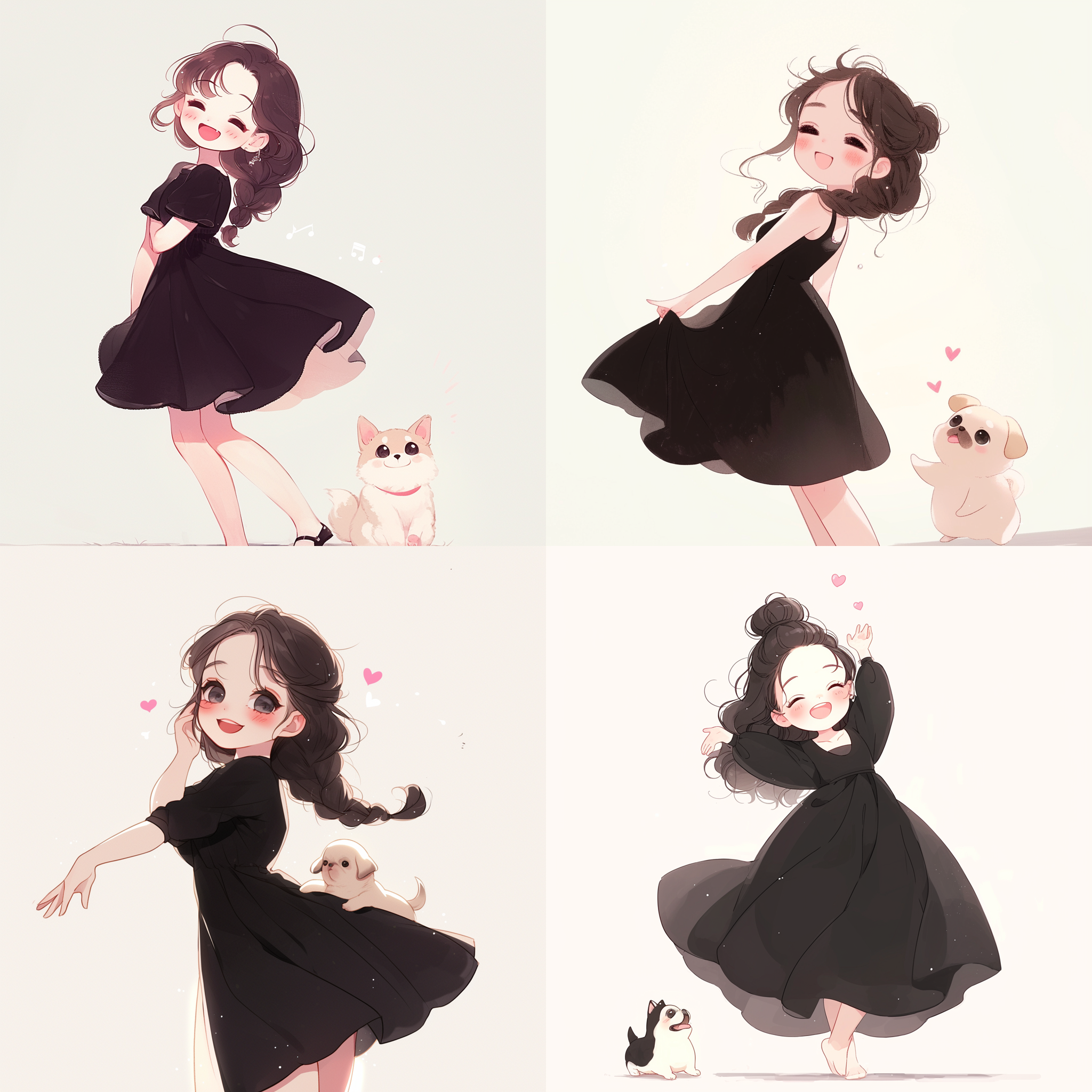 穿着黑色连衣裙的可爱女生，麻花辫，大眼睛，圆圆的脸蛋，跳舞，开心的面部表情，旁边一只小狗看着她，丰富细节，卡通画，白色背景，夸张比例，高清