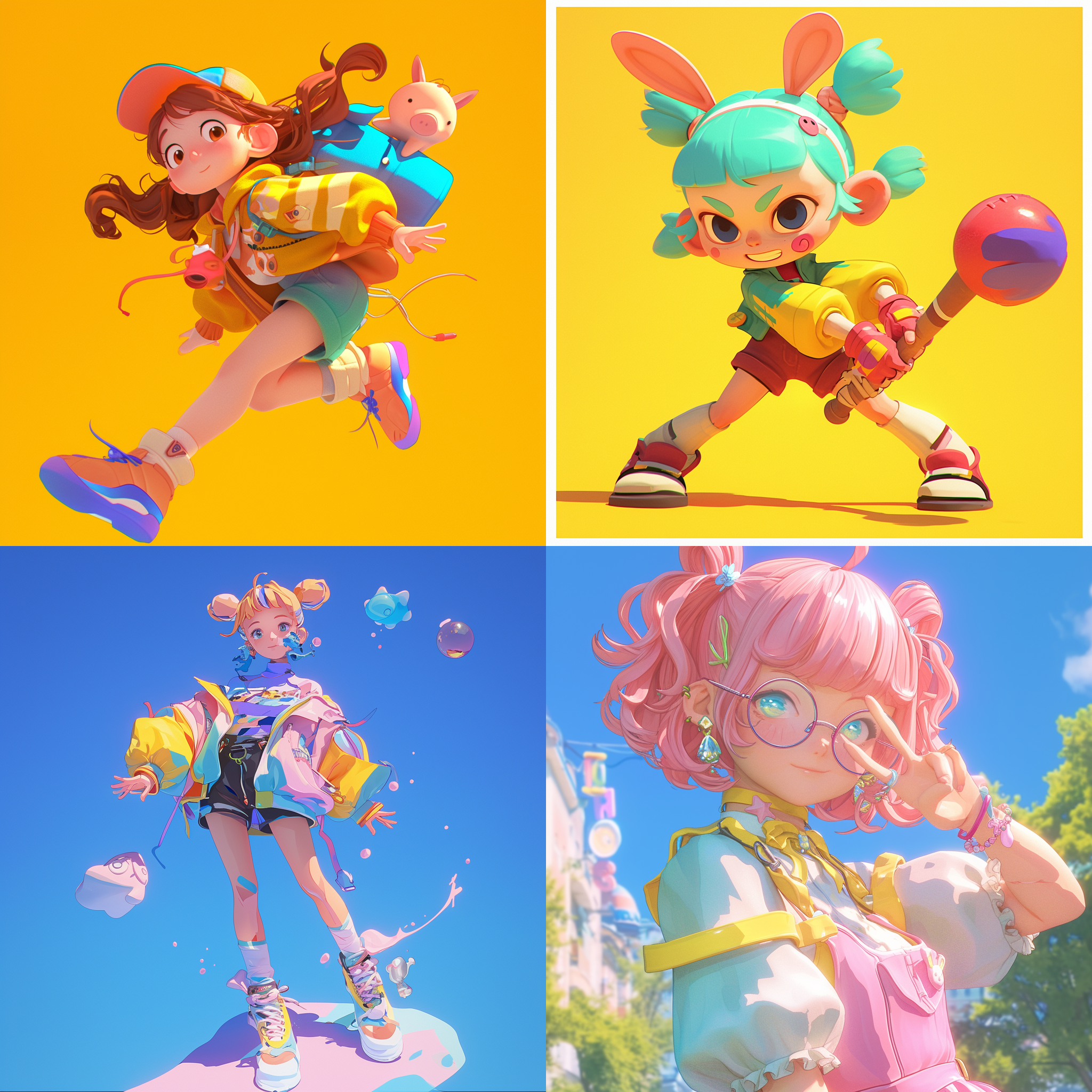 统一风格卡通动漫风格老鼠，搞怪装扮，鲜艳色彩，立体光影，活泼表情，动态捕捉，数字艺术，虚拟现实，可爱3d形象，刻画细节。