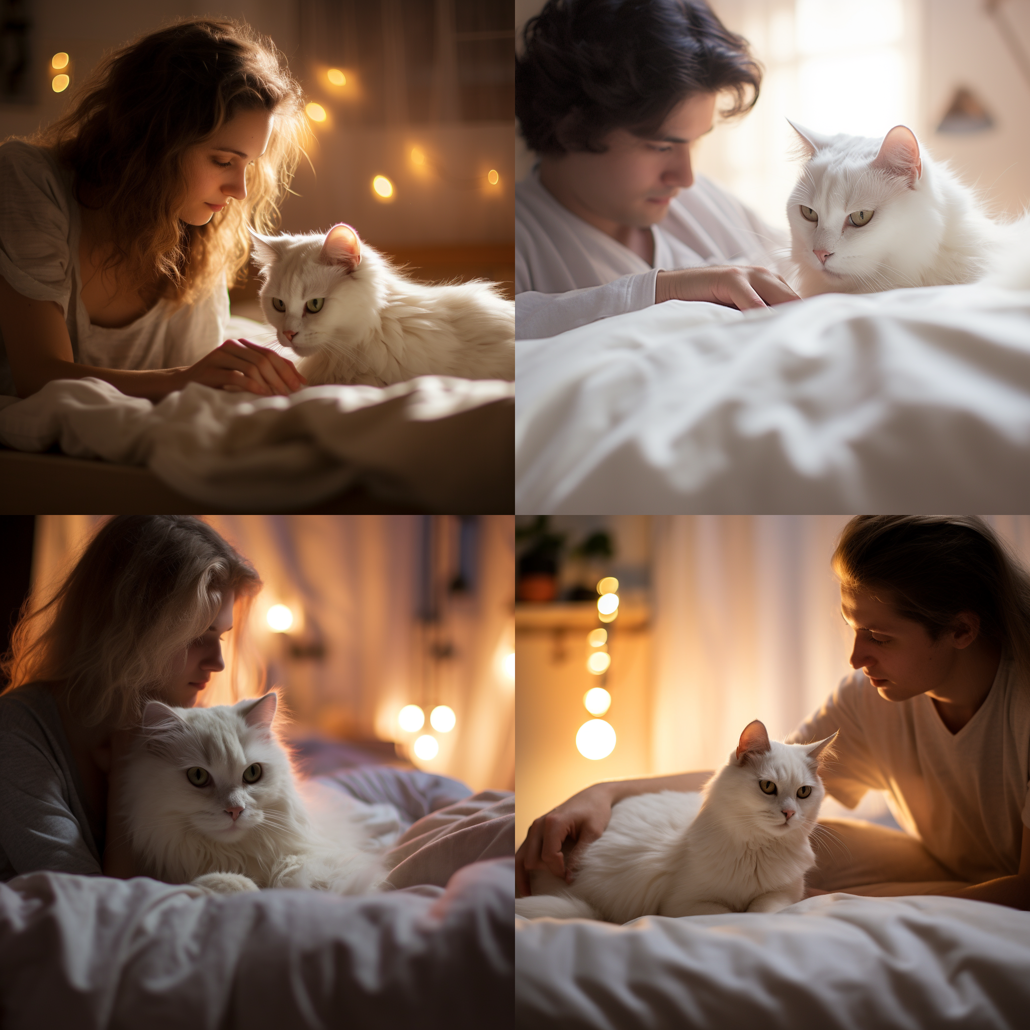 大白猫上床，想挤到小主人身边，一起睡觉，温馨场景，室内卧室，柔和光线，长焦镜头，浅景深，自然色彩，亲密，放松，慢快门，静态。