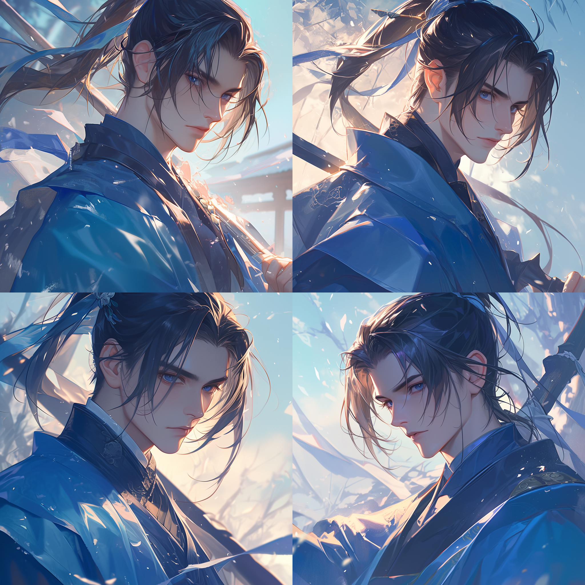 古风小说帅哥，眉眼修长疏朗，高鼻薄唇，桃花眼含光，蓝色劲装，高马尾，两鬓须，庭院中，侧光，柔光，长焦镜头，静态，深邃，柔和坚韧，古风色调。