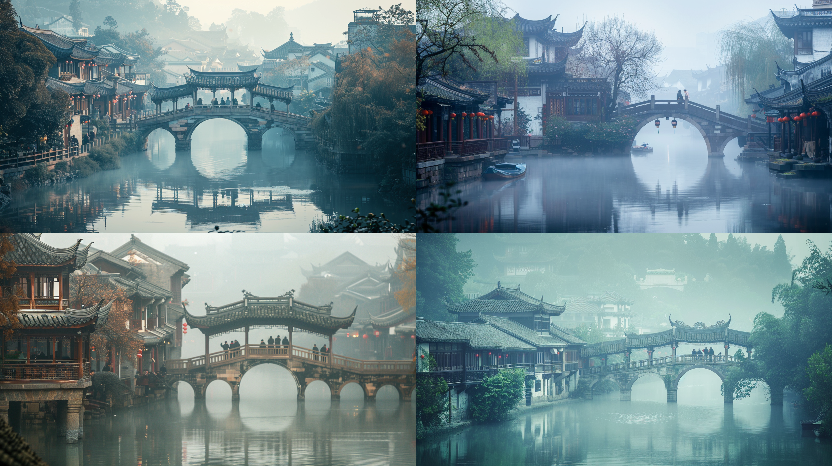 江南水乡未来小镇，清晨，薄雾缭绕，小桥流水，古朴建筑与现代元素融合，和谐宁静。人物穿着简约现代，面带微笑，手持智能设备，展现品质生活。长焦镜头，柔和自然光，低饱和色彩，静谧，科技感。