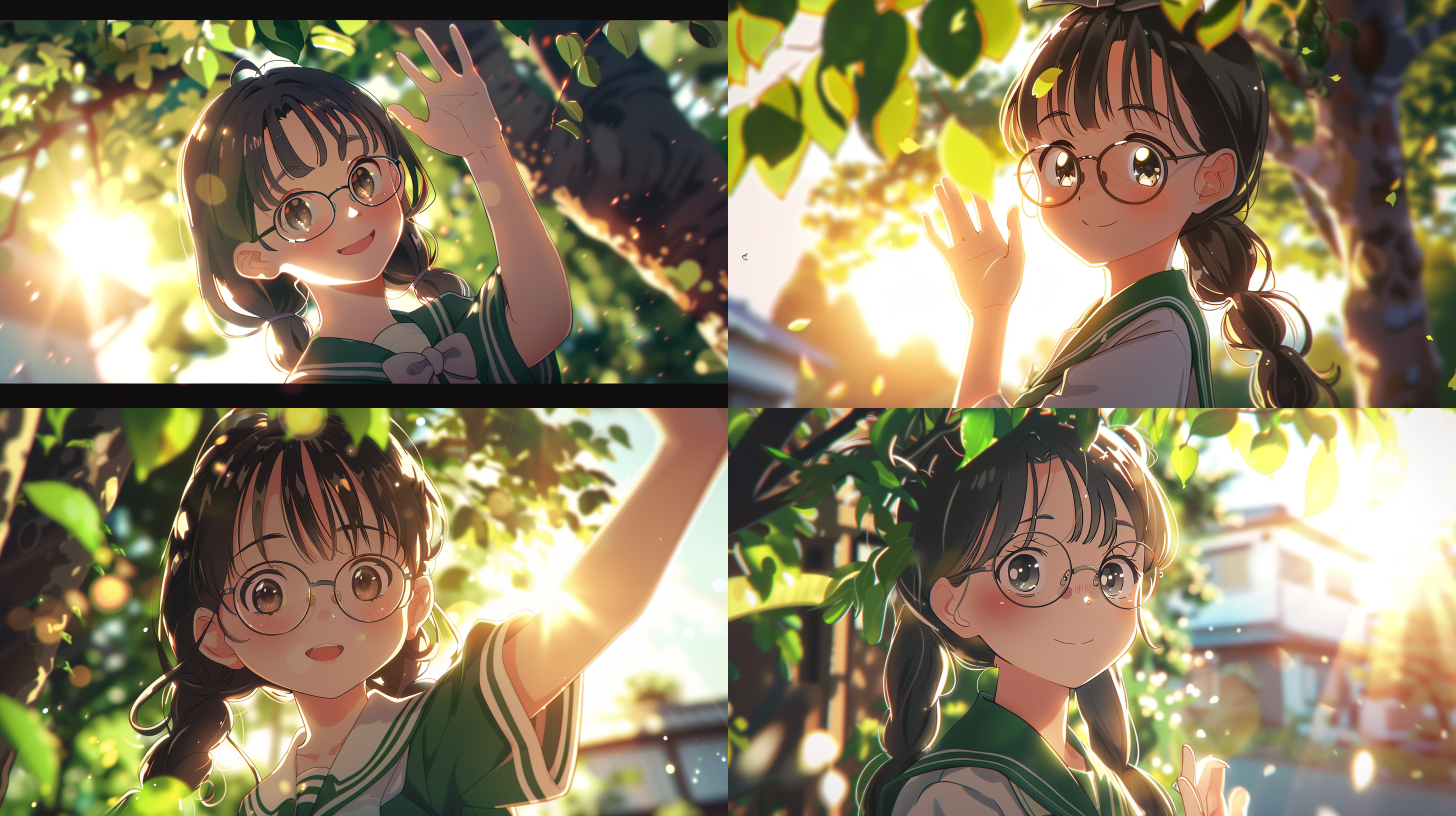 16:9电影感，漫画风格，吉卜力，远景，广角镜头，平视角，凤凰花下，鲜艳对比，自然光线，宁静氛围，柔和侧光，高饱和色彩，细腻肌肤质感，18岁高中女生，校服，灰色裙子，优雅转身，高举手挥别。