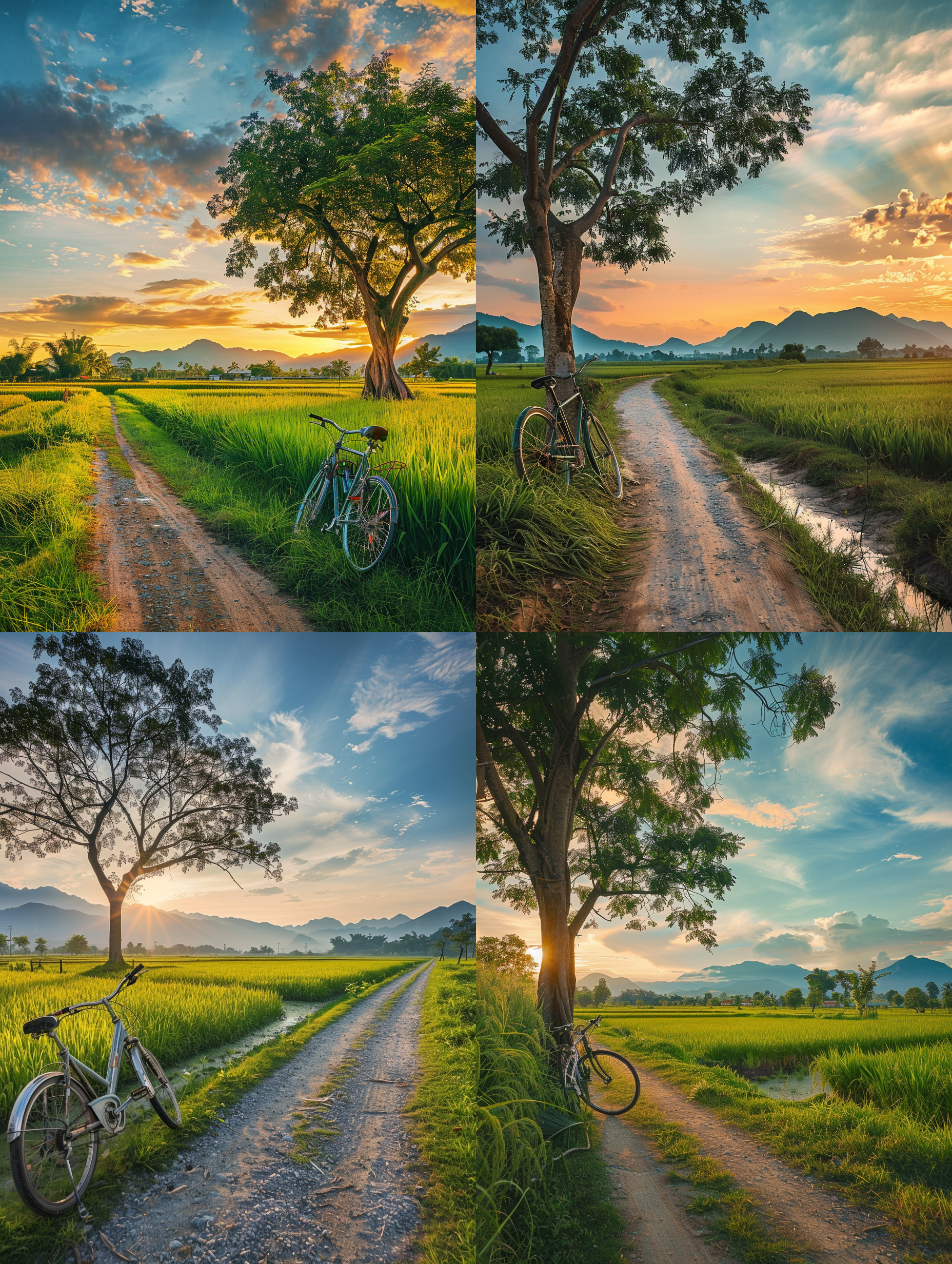 medium: photograph. theme: a dirt road, green rice fields, a broad tree, a clear blue sky, a gravel bike leaning against a tree, distant mountains in the background, and soft sunset clouds. mood: calm. lighting: soft golden hour. scene: outdoor scenery, water canal, sunset. style: realistic, bright colors, high-definition real shots