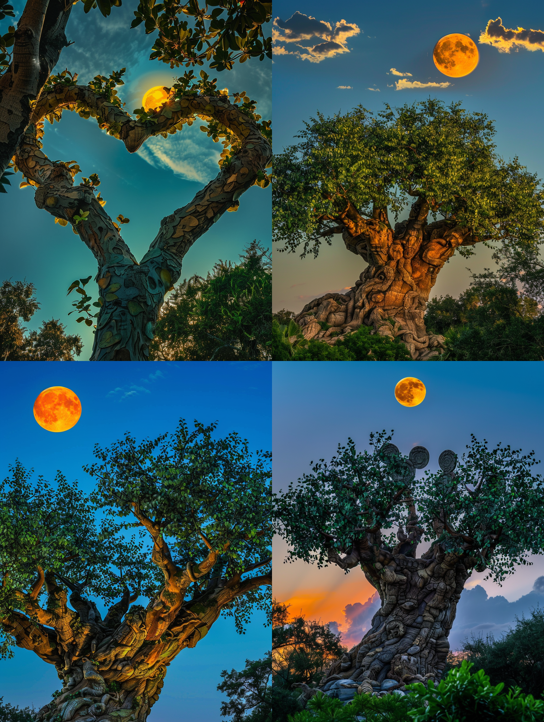 the tree in the shape of mickey's head has a full moon and sky blue background in the photography style of real shooting. the tree has two leaves on its branches forming an open heart-shaped pattern. in front of it stands another tall green leafy tree with high contrast between them. above their heads hangs clouds like shadows. at night, there was only one bright orange sun shining through thin clouds, illuminating the trees. high definition photography with a wide-angle lens shows clear details in natural light