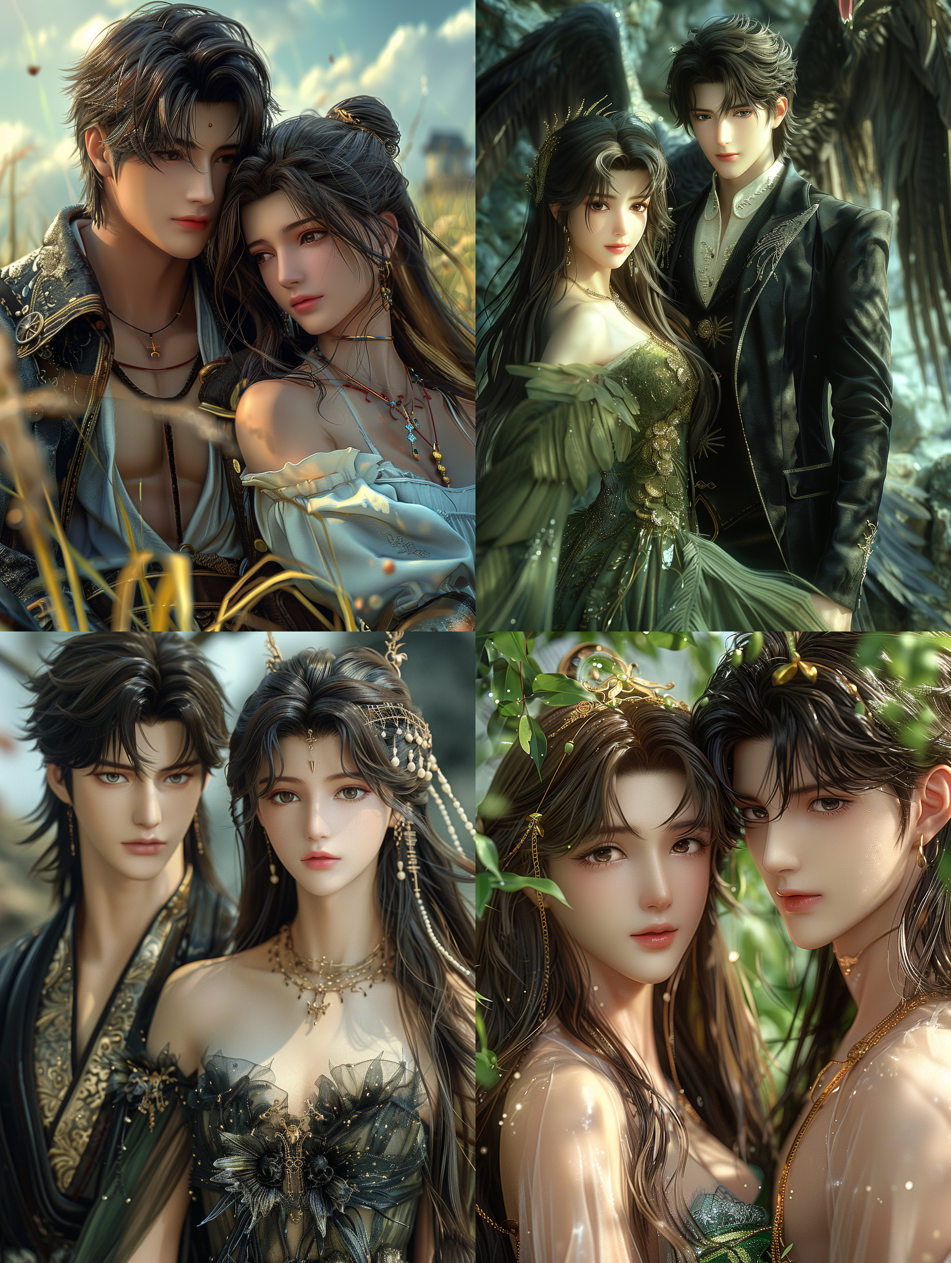 月光下的情侣，骑士和公主，黑色头发，黑色双眼，正面，惊人的幻想3d渲染，深绿色晚礼服，柔软的纱裙，中世纪古堡，复古，史诗幻想数字艺术风格，令人惊叹的数字艺术，hdr渲染，冷色调，柔焦效果，动态细腻皮肤质感，远景，细节丰富 天空 中世纪城堡