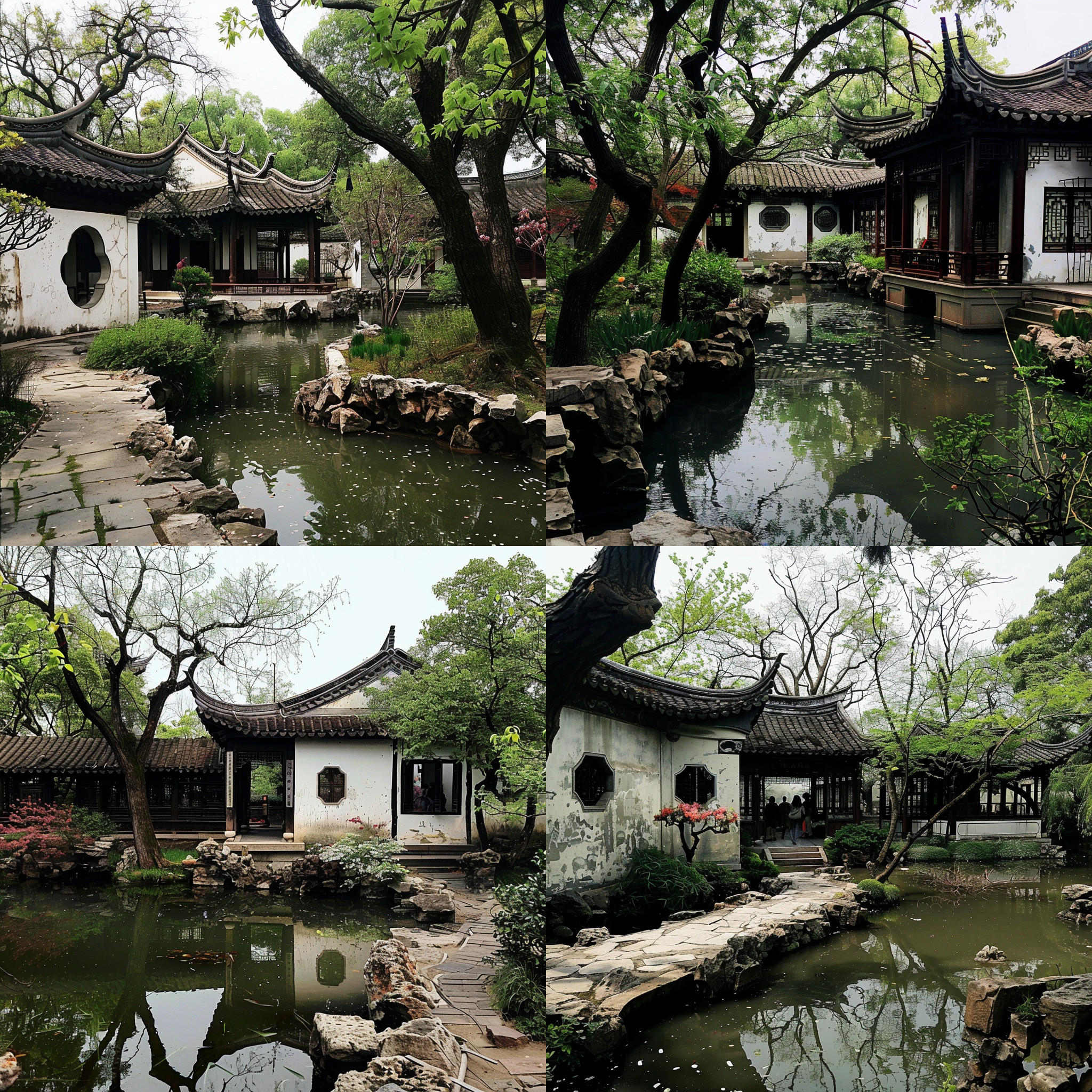 水彩画::10, 苏州园林春日风光，桃红柳绿，小径曲曲弯弯，亭台楼阁，长廊蜿蜒，池塘清澈，树木葱郁，花草繁盛，柔和光线，长焦镜头，暖色调，自然色彩，宁静和谐。 水彩 城市公园 花园背景 超广角 莫兰迪色 阳光照射 古代中式 调色板 园林 亭子 红楼梦 世外桃源