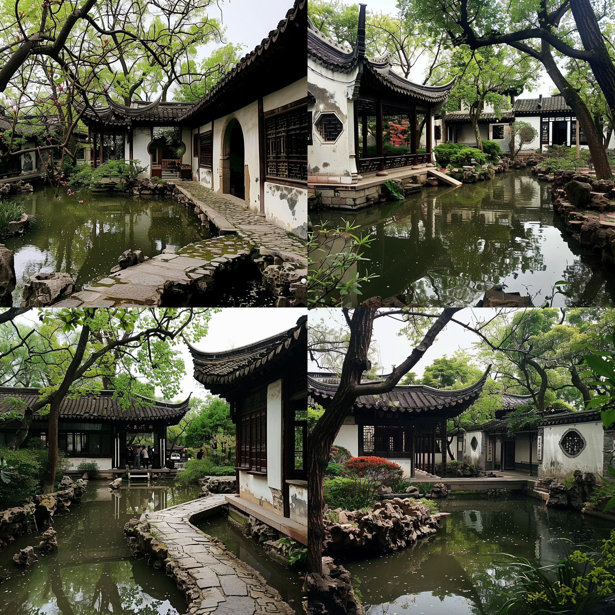 水彩画::10, 苏州园林春日风光，桃红柳绿，小径曲曲弯弯，亭台楼阁，长廊蜿蜒，池塘清澈，树木葱郁，花草繁盛，柔和光线，长焦镜头，暖色调，自然色彩，宁静和谐。 水彩 城市公园 花园背景 超广角 莫兰迪色 阳光照射 古代中式 调色板 园林 亭子 红楼梦 世外桃源