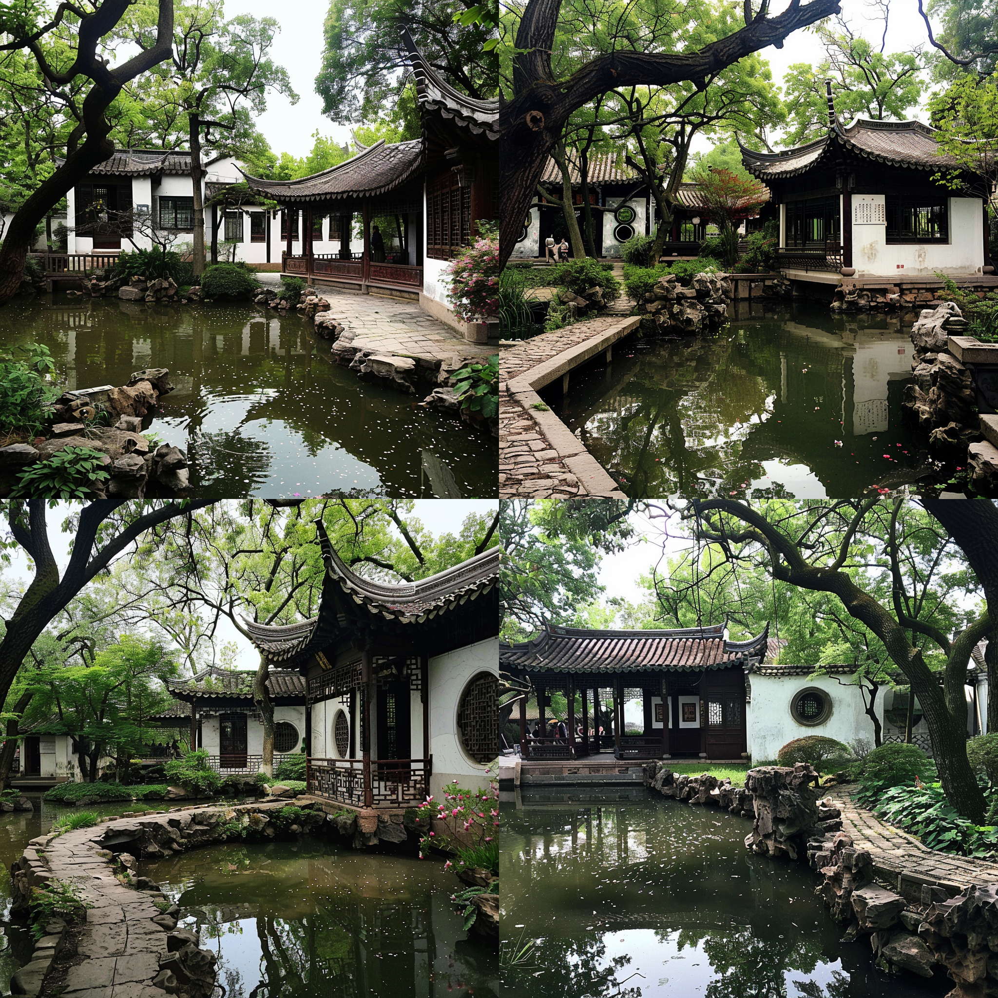 水彩画::10, 苏州园林春日风光，桃红柳绿，小径曲曲弯弯，亭台楼阁，长廊蜿蜒，池塘清澈，树木葱郁，花草繁盛，柔和光线，长焦镜头，暖色调，自然色彩，宁静和谐。 水彩 城市公园 花园背景 超广角 莫兰迪色 阳光照射 古代中式 调色板 园林 亭子 红楼梦 世外桃源