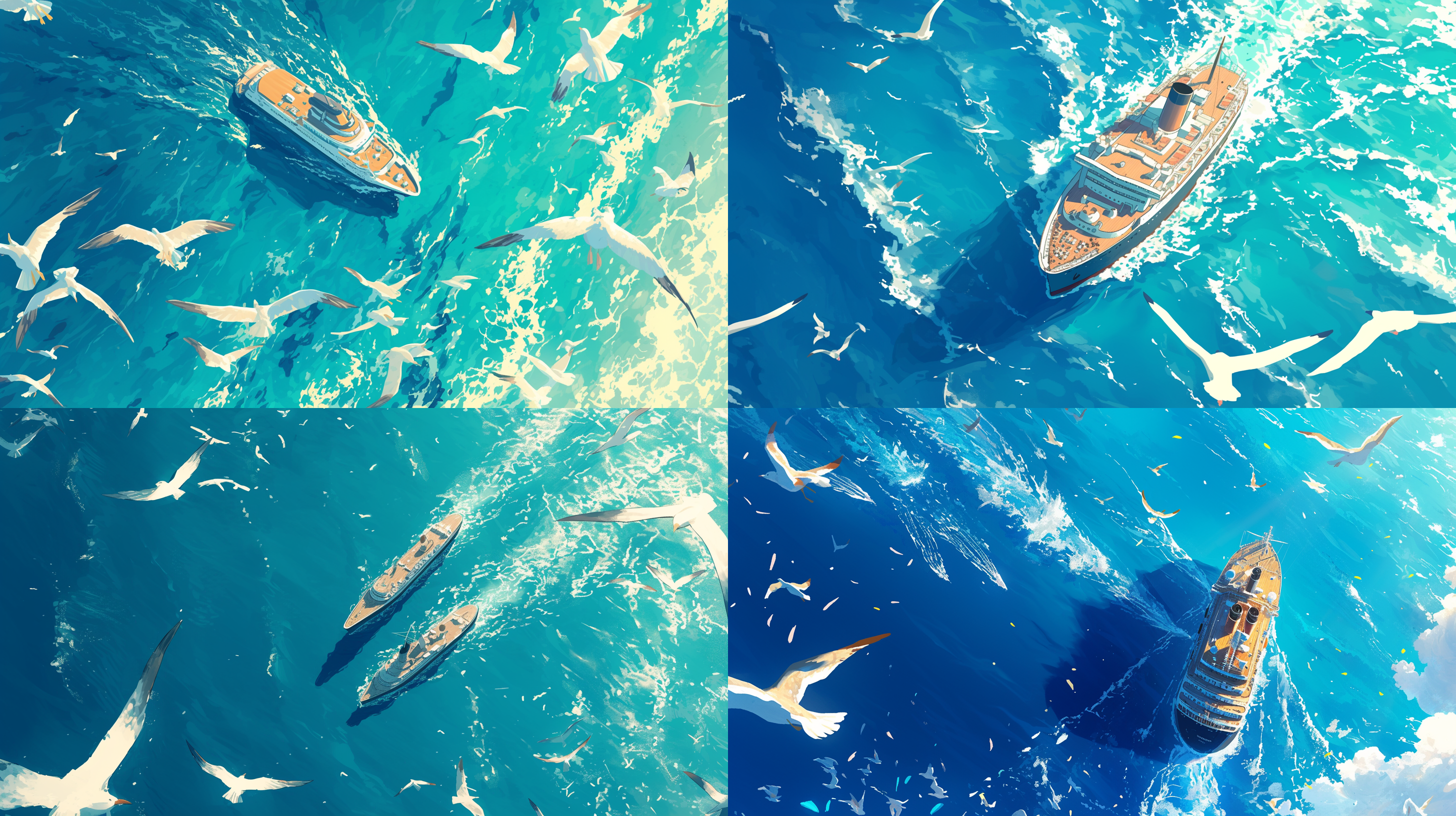 俯视角远景，游船航行大海，清澈海水，航行尾迹，海鸥飞翔，海豚伴游，光晕，期待感，吉卜力风格，自然光，柔和色调，背影，自然环境，长焦镜头，动态捕捉，和谐共生。