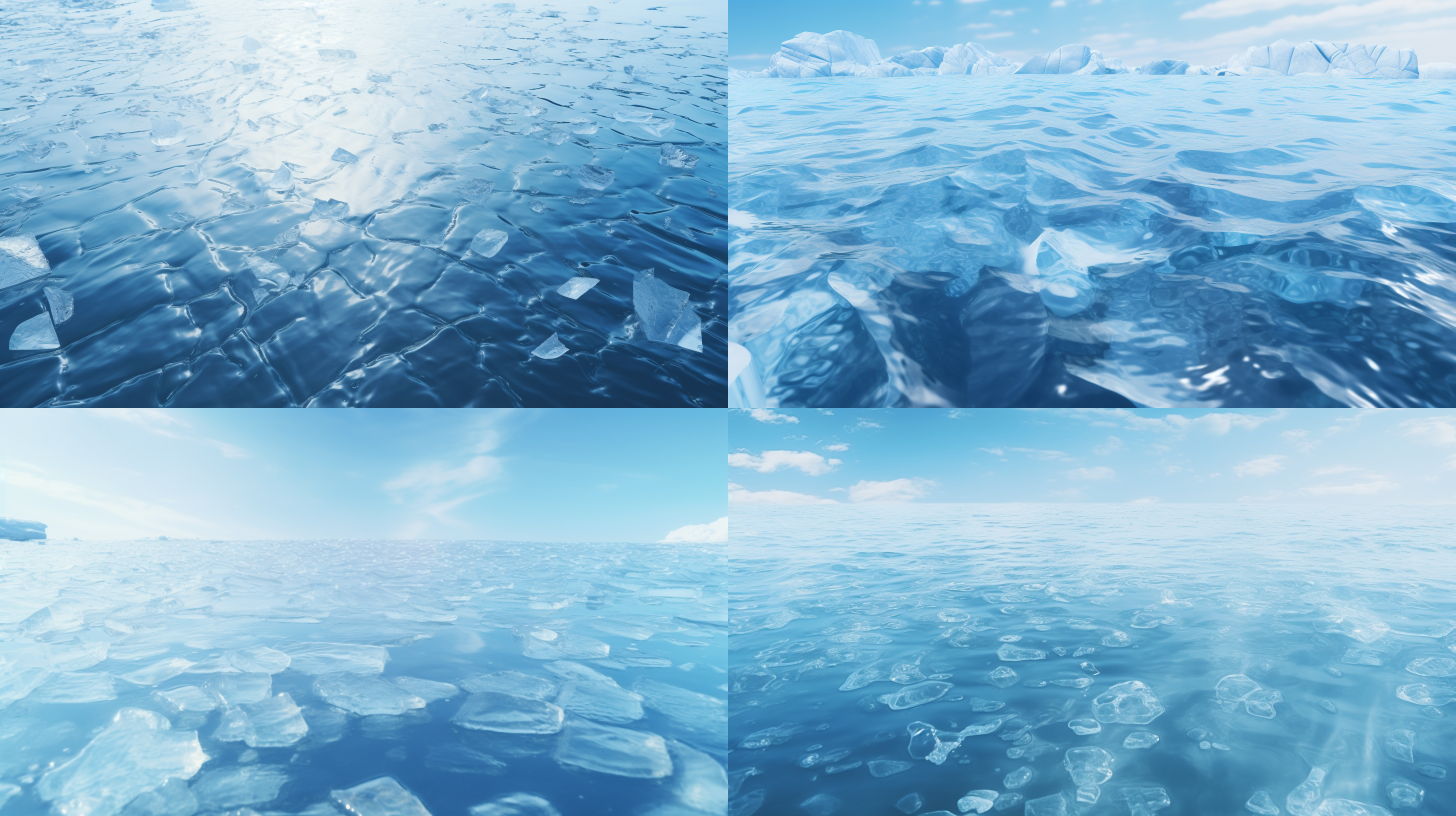 平静的湖面，水面，水波纹，浅蓝色的湖水，大块浮冰漂浮在水面，低角度俯视，自然光，冷色调，超清细节，16k uhd