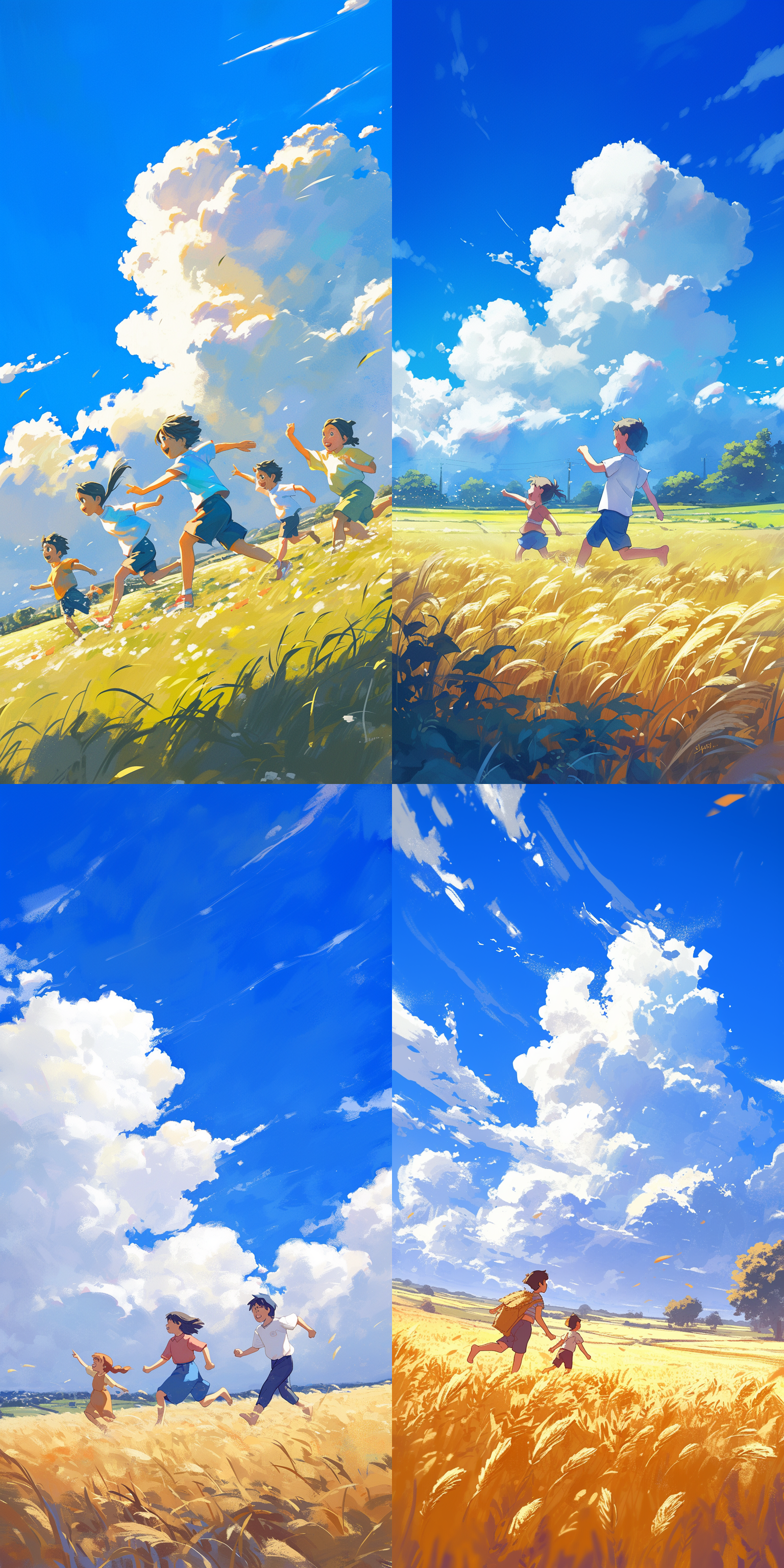 小孩在田野奔跑，宫崎骏风格，蓝天白云，广阔田野，自由奔跑，微笑洋溢，长焦镜头，自然光，动态捕捉，温暖色调，快乐氛围。