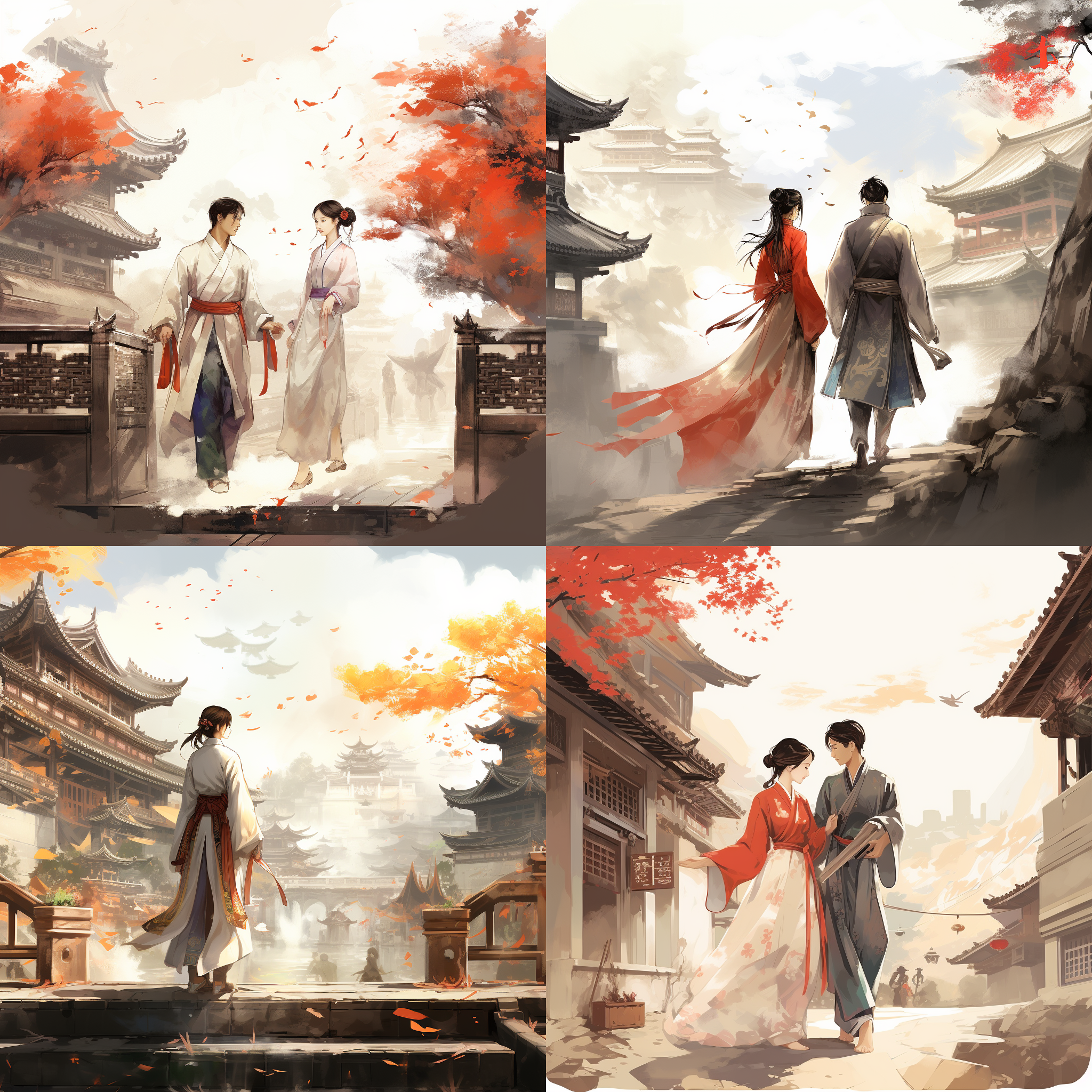 国潮手绘风格，中国古代建筑背景，高饱和色彩，逼真细节，动态光影效果，强烈对比，人物着传统服饰，表情生动，水墨画质感，长焦镜头，自然光，静态构图，沉稳，历史感。