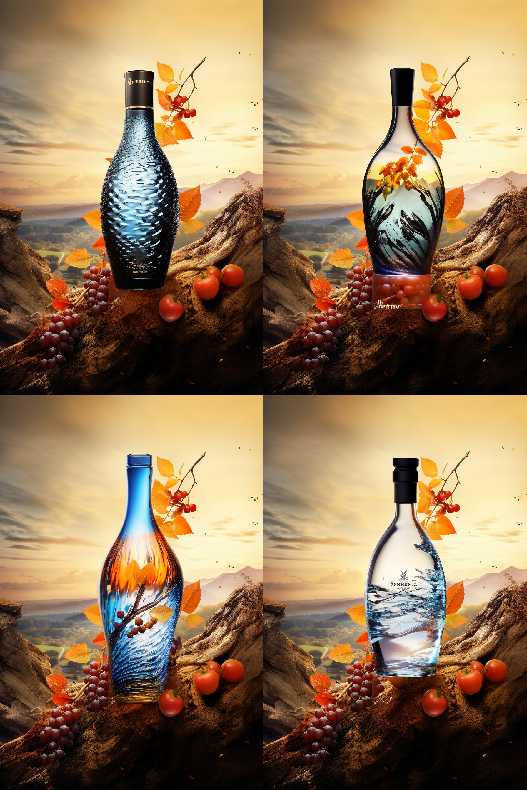 果酒瓶子海报设计，自然风光背景，清新色彩，健康元素，口感享受，品质象征，传统与创新结合，搭配水果，庆祝氛围，风味突出，香气四溢，地理来源强调，风土特色，艺术美学融合，高饱和度色彩，自然光，微距镜头，细节清晰，情感愉悦。