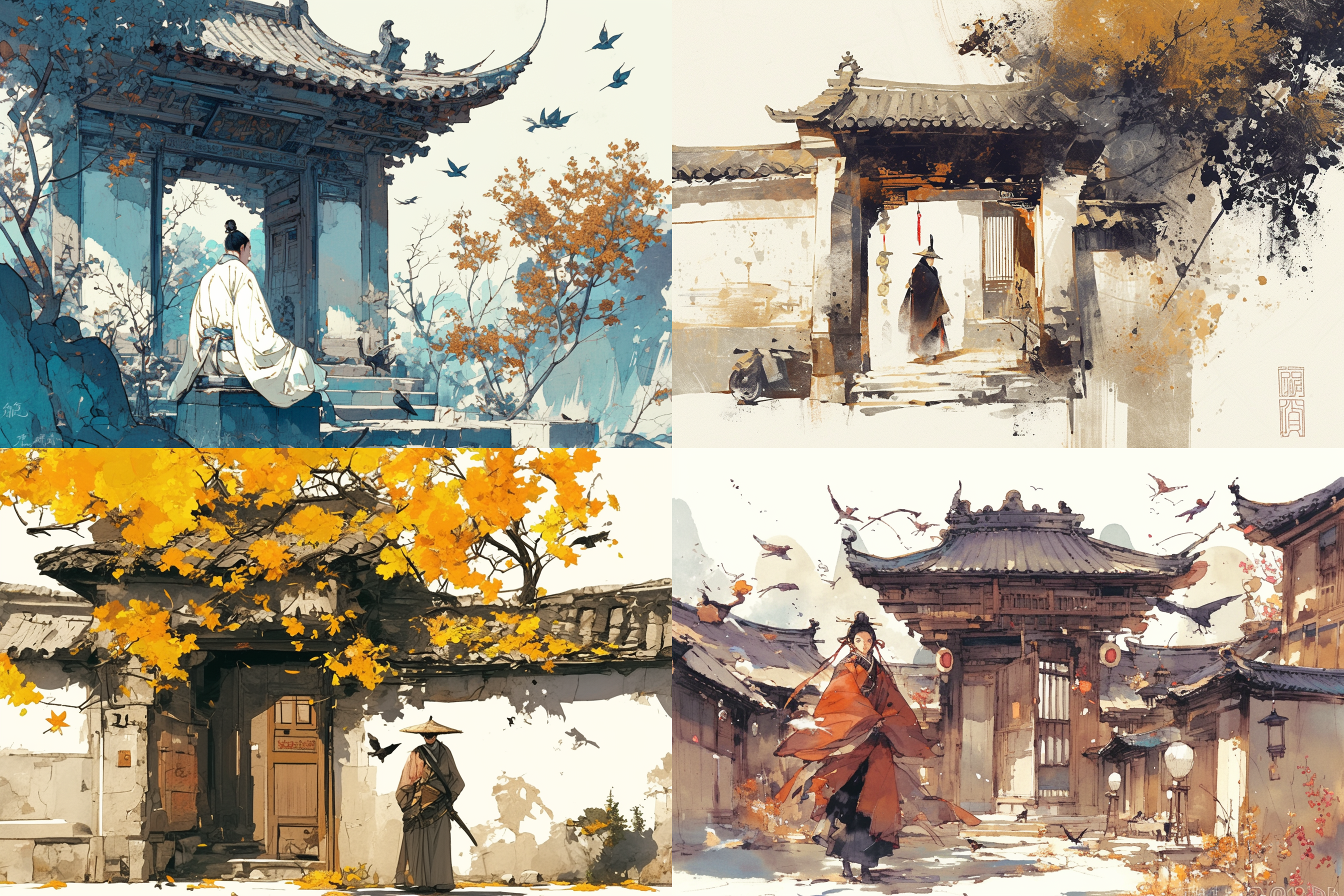 国潮手绘风格，中国古代建筑背景，高饱和色彩，逼真细节，动态光影效果，强烈对比，人物着传统服饰，表情生动，水墨画质感，长焦镜头，自然光，静态构图，沉稳，历史感。