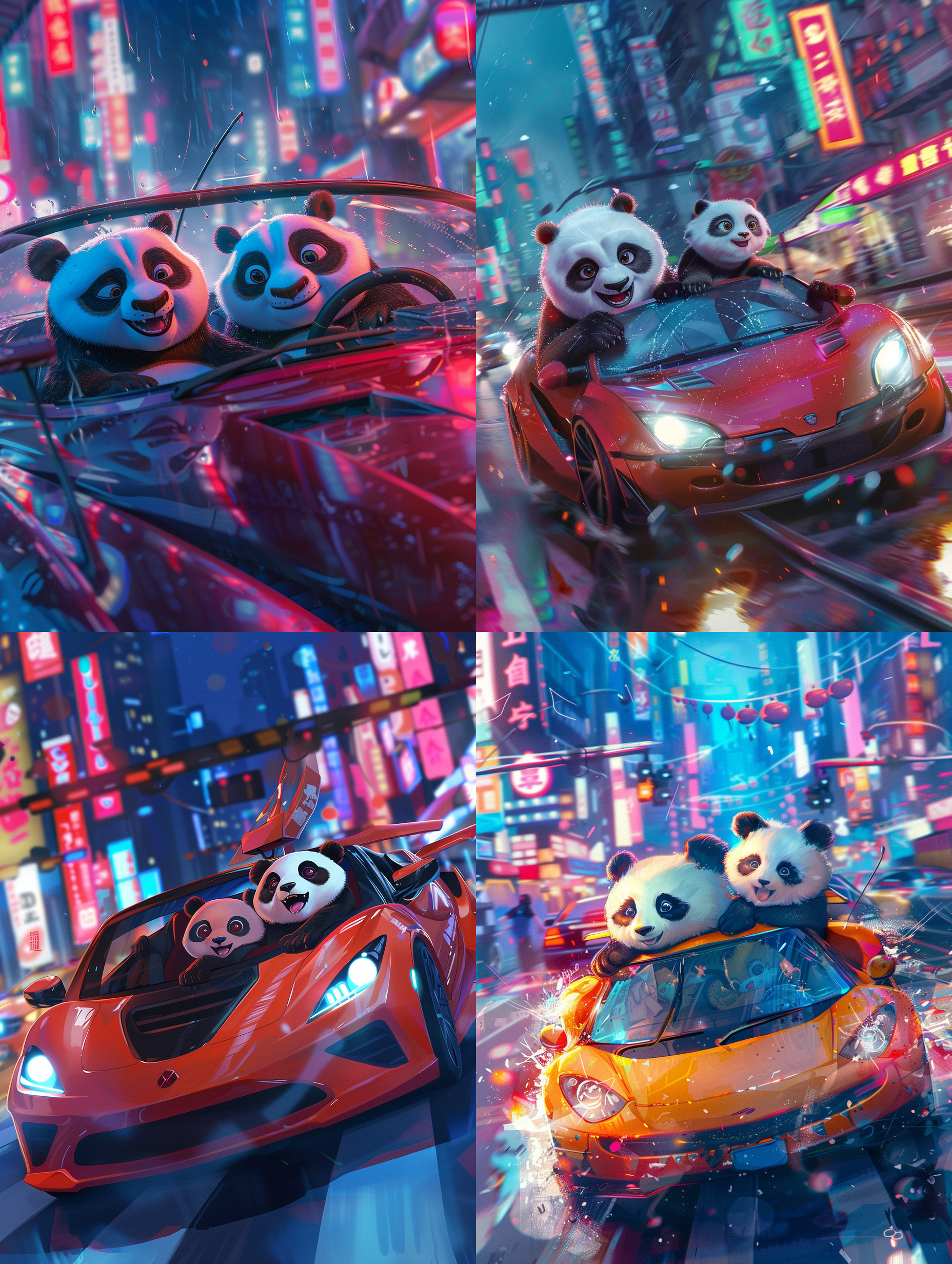熊猫母子驾驶跑车，二次元动漫风格，母子表情兴奋，跑车流线型设计，城市夜景，鲜艳色彩，长焦镜头，动态模糊，速度感，温馨，活力。
