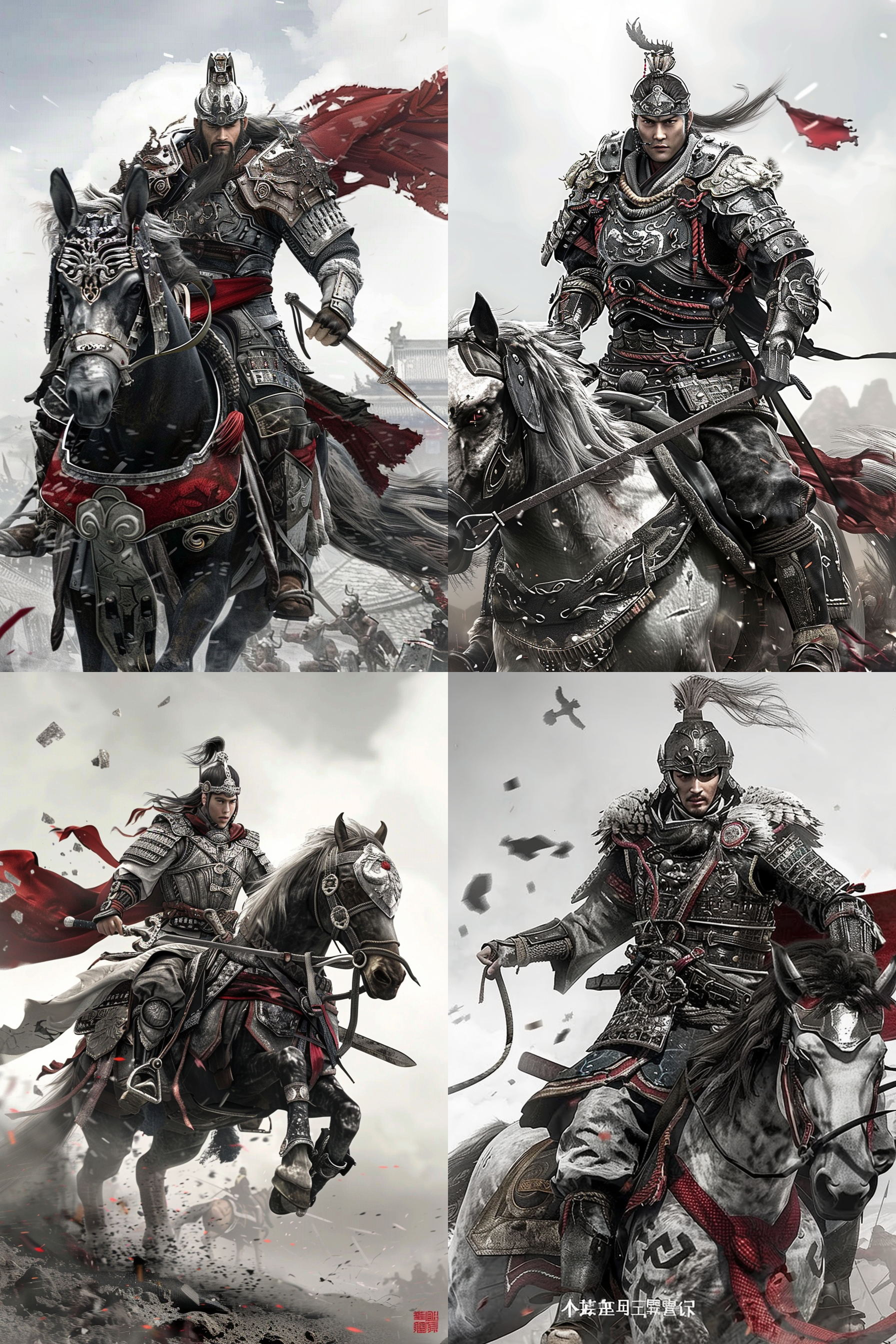 男性武将，全身铠甲，战马，战场背景，仰视角度，金属质感，冷色调，长焦镜头，逆光，动态模糊，英勇，坚定。