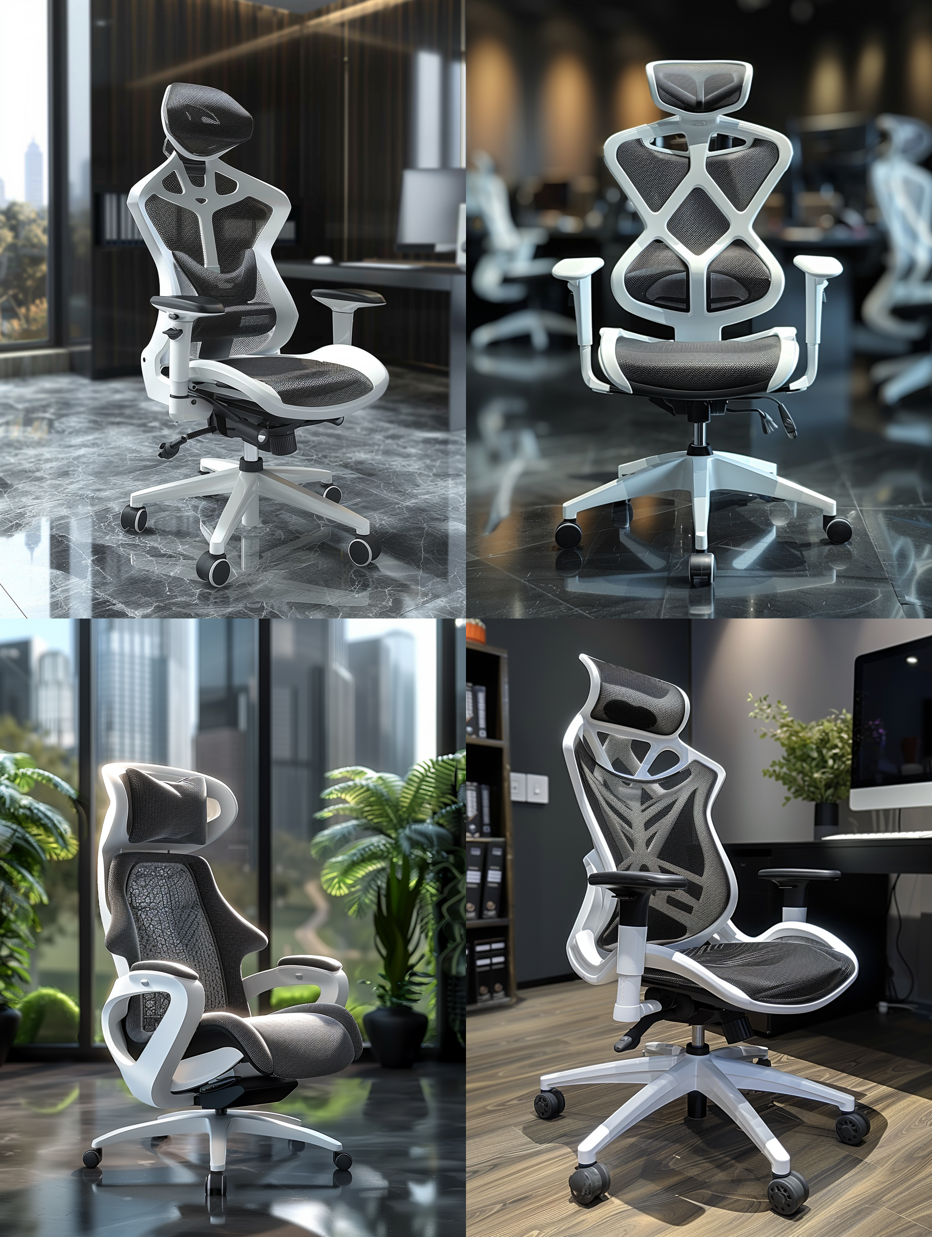 现代办公网椅，多功能一体，室内办公环境，中性色调，人体工学设计，细节清晰，自然光，广角镜头，舒适坐姿，高效工作，专注表情。