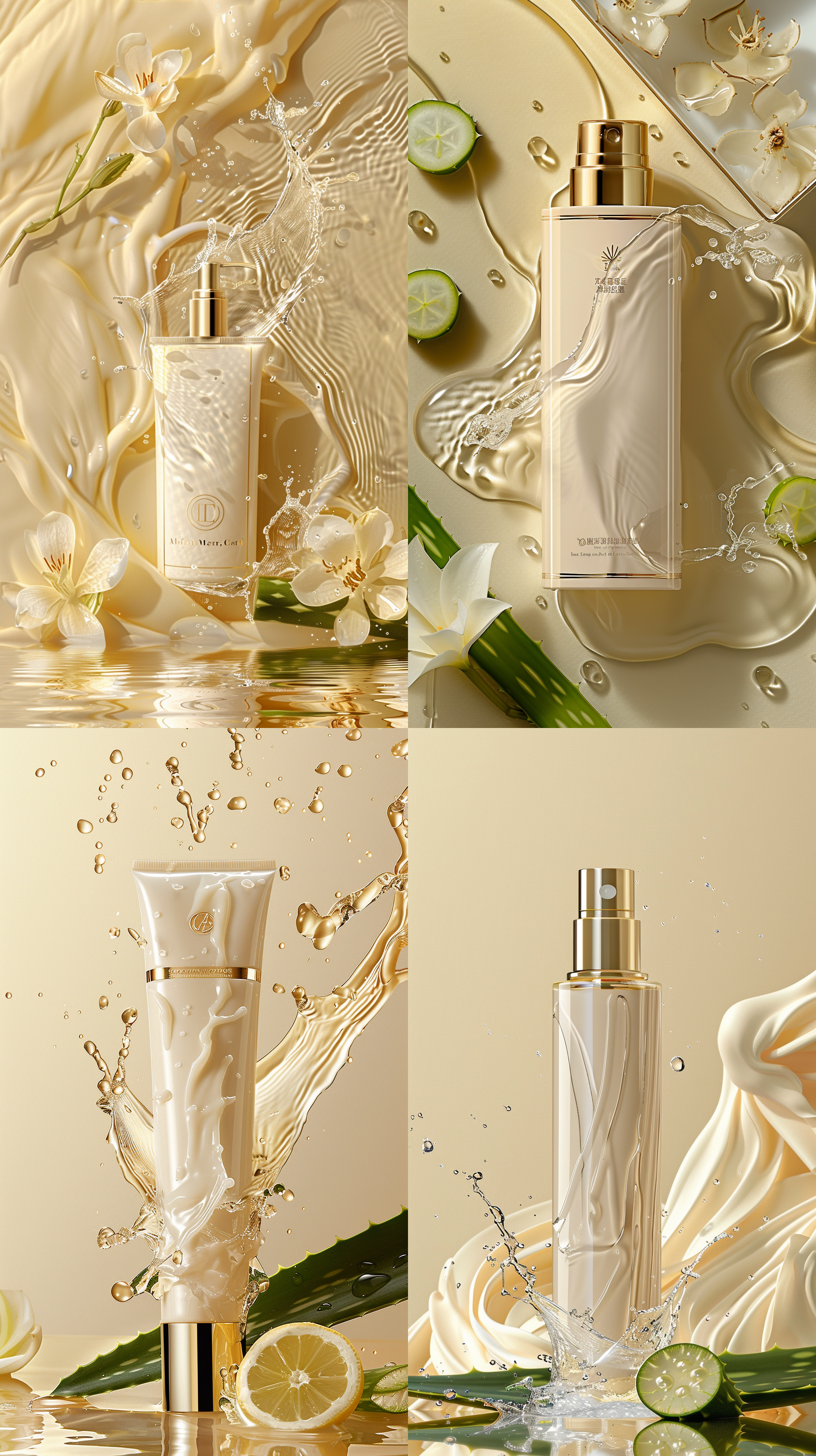 白色洗面奶产品包装，动态摄影，水面溅起水花，产品周围环绕芦荟乳液，切开的新鲜芦荟，浅黄色背景，干净的背景，细节精细，光影结构分明，高速快门，暖色调，自然光，产品突出，清新感。