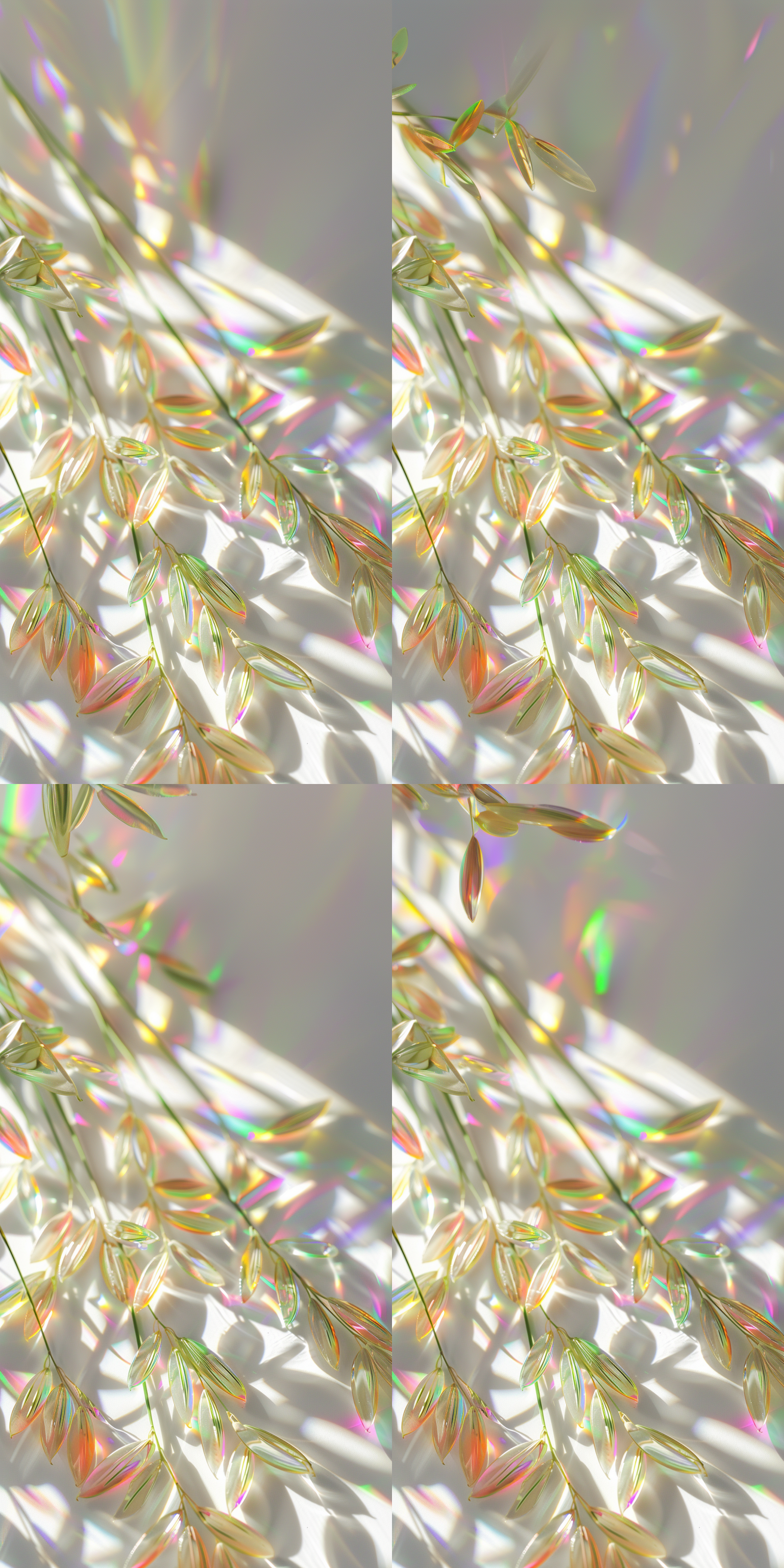 禾苗玻璃棱镜效果，五颜六色光折射，十周年庆典海报，白色背景，简洁构图，色彩鲜明，高光处理，反射细节，清晰焦点，大师摄影，竖版构图，光影对比，细节丰富，现代感。