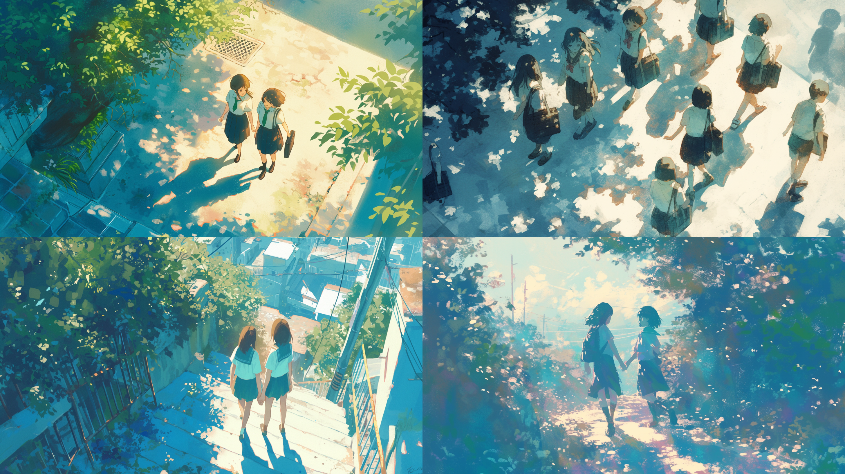高中女生告别，ghibli风格，远景俯视，全身像，自然光，柔和色调，长焦镜头，背影，忧伤，相背而行，走向不同方向，渐行渐远，自然环境，长焦压缩，淡蓝色调，情感深沉。