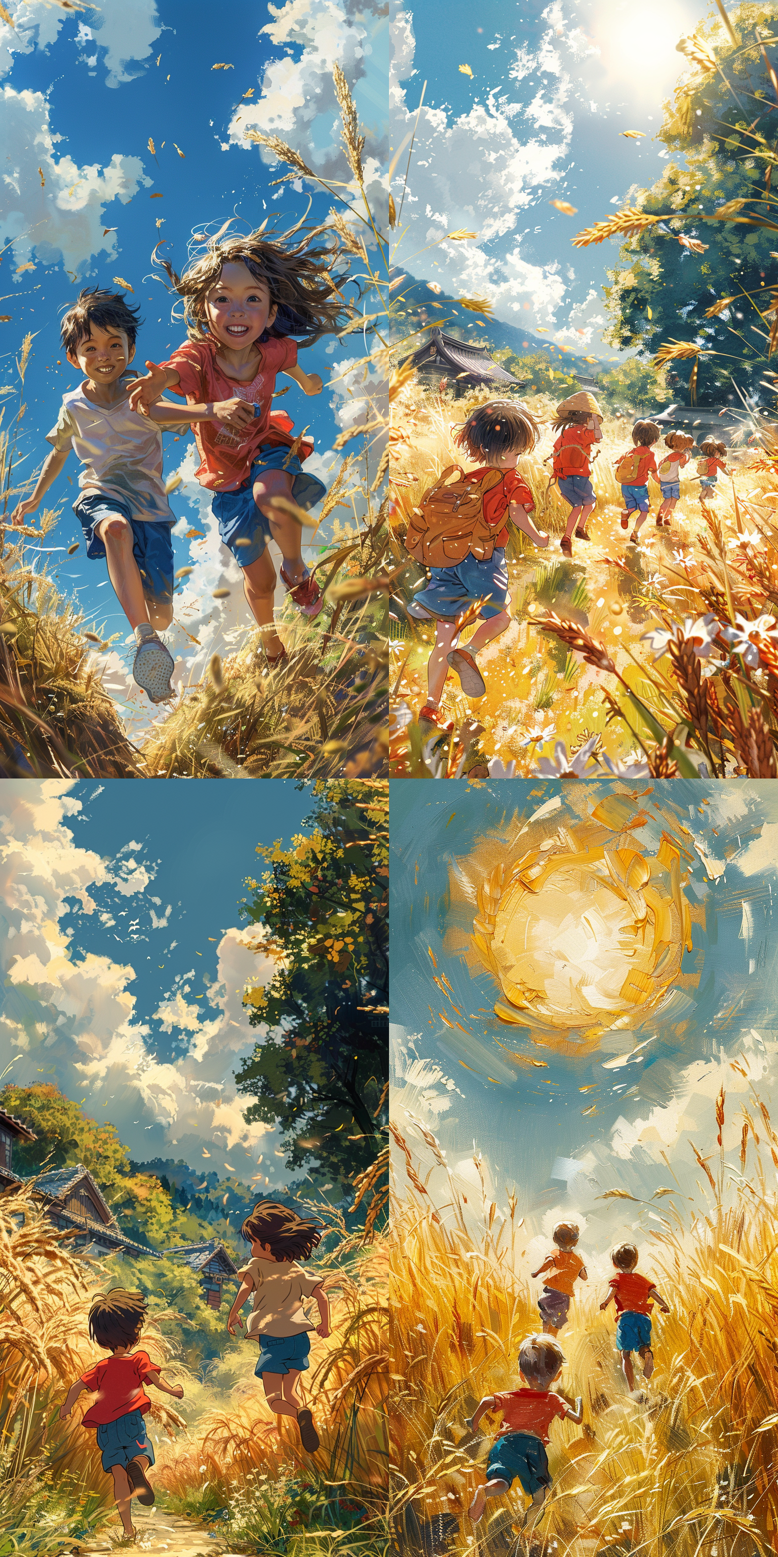 小孩奔跑水稻田，宫崎骏漫画风格，远景捕捉田野和天空，正午太阳，金黄色渲染，自由宁静。奔跑，水稻田，稻穗，远景，笑容，蓝色短裤，红色t恤，金黄色，正午太阳，自由，宁静。